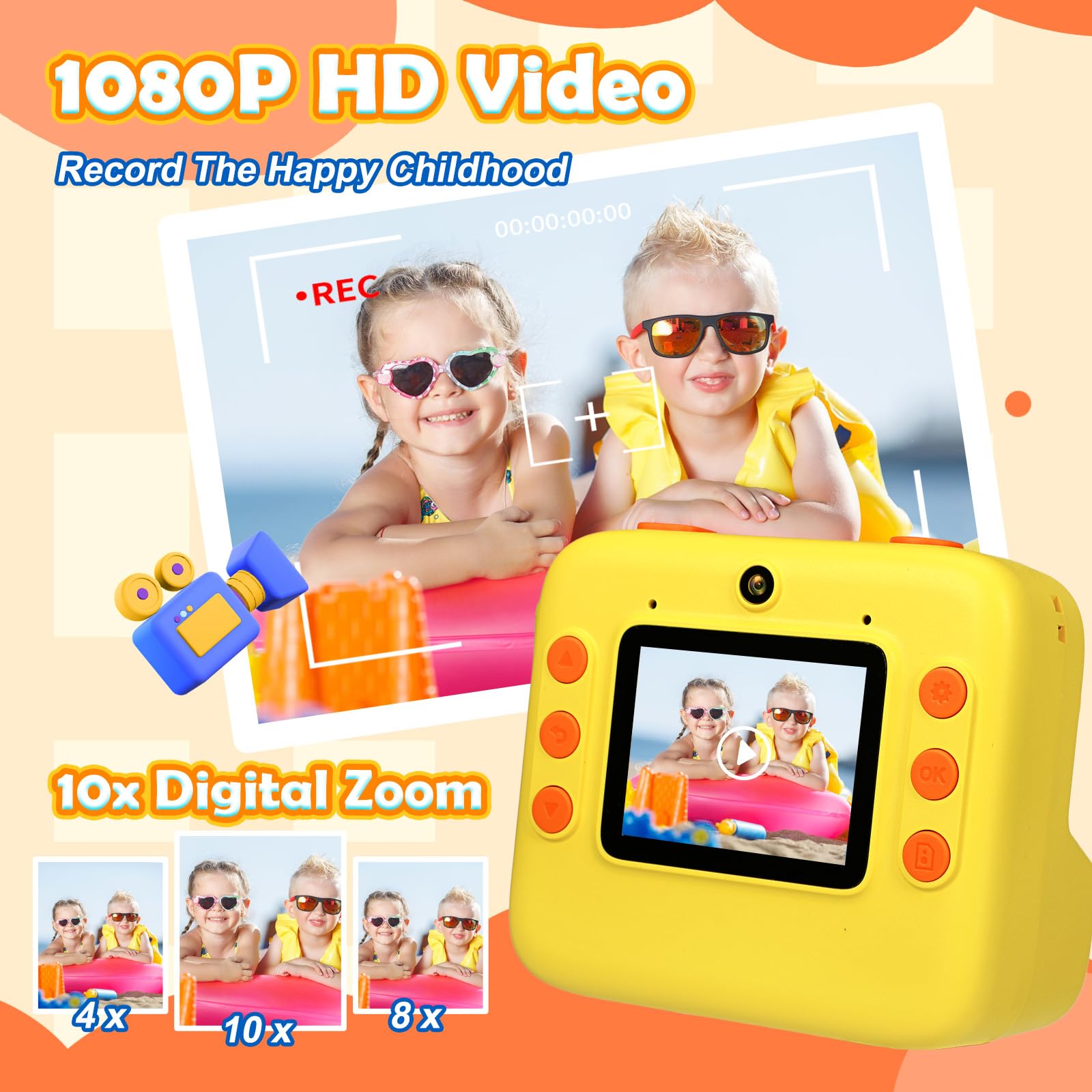 Fotocamera a colori per bambini con stampa istantanea, 1080P 4800W doppia fotocamera con scheda TF 32 GB, fotocamera digitale giocattolo videocamera regalo compleanno Natale per ragazzi ragazze
