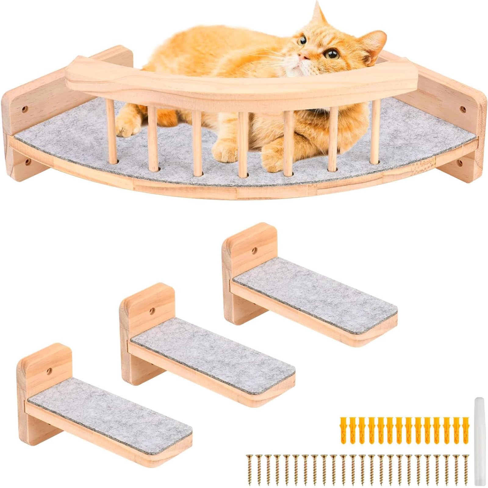 Perchoir d'angle Mural pour Chat avec 3 Marches, Étagère d’Escalade Murale pour Chat Mur Escalier en Bois, Échelle Parcours Mural Chats Interieur pour Grimper, Dormir et Jouer, avecTapis en Feutre