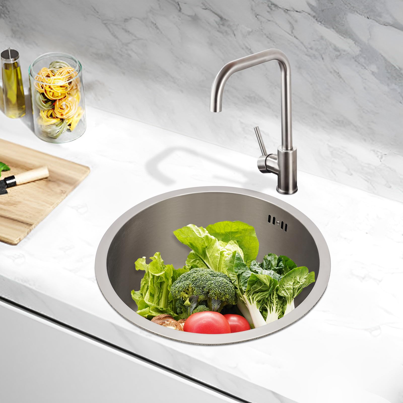 Fregadero de acero inoxidable, diámetro de 36 cm, redondo con tubo de desagüe/tubo de rebosadero, fregadero empotrable para restaurantes, sótanos, bares, cocinas