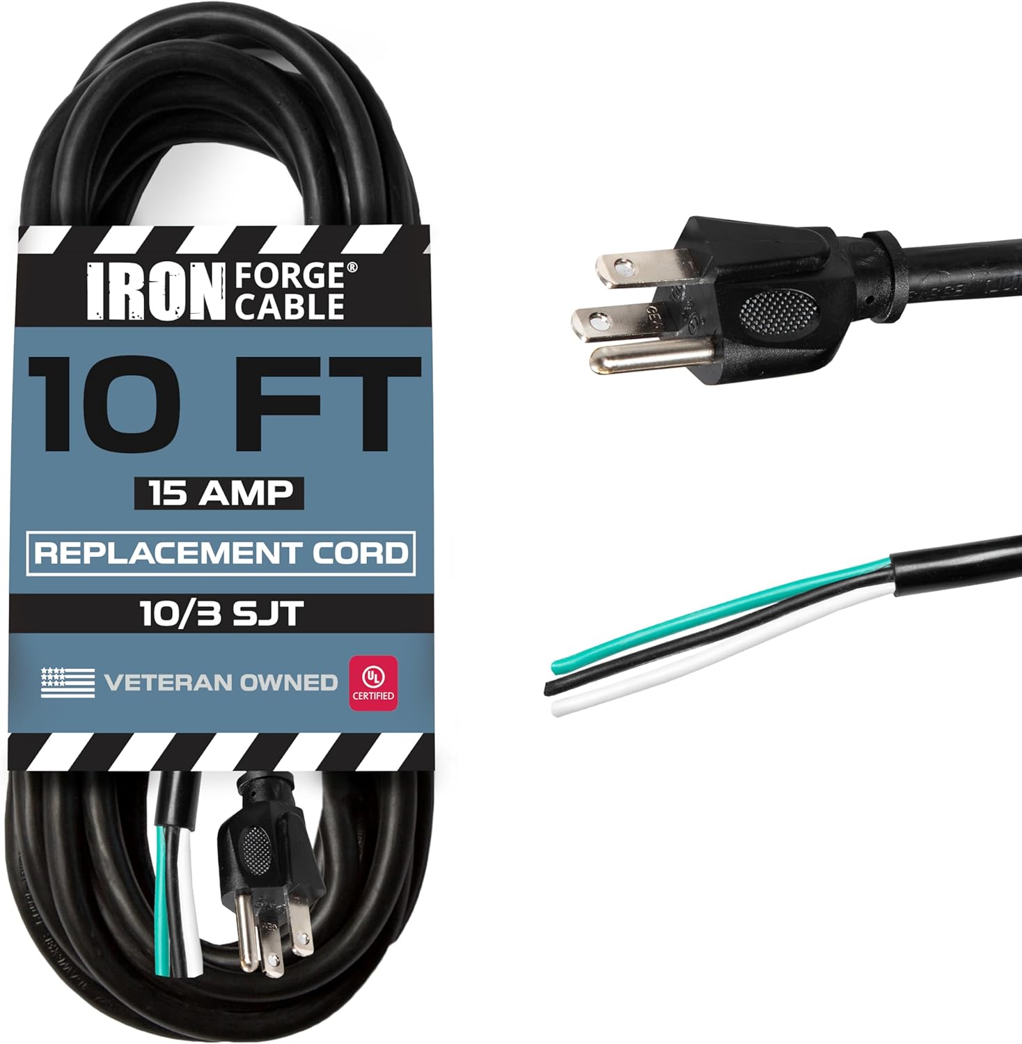 Iron Forge Cable 10 Gauge Power Cord Replacement - 10ft,15 Amp Black 10 Gauge Heavy Duty Extension Cord, 10/3 SJT 3 Prong Cable - for Appliances & Power Tools, NEMA 5-15P