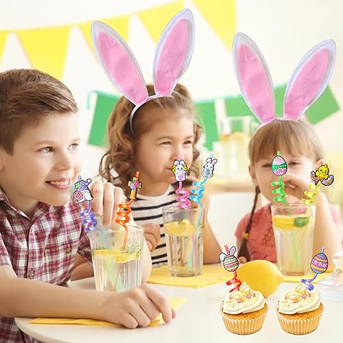Miniatura 3 de YQUQWN, 24 popotes de Pascua reutilizables, huevos de conejo, pollito este, fiesta temática de beber, pajitas de plástico para suministros de fiesta