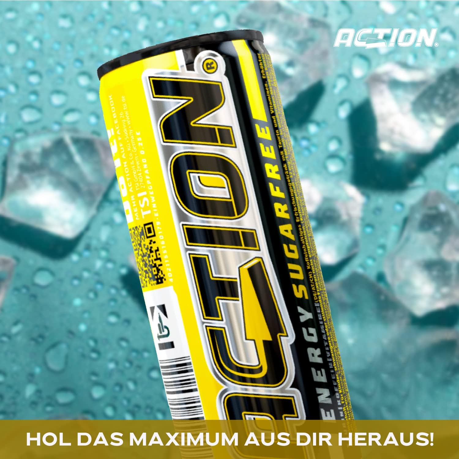 Action Energy Drink Sugarfree (48 x 250 ml) incluye depósito – Refresco con sabor 100% – patata energética con mayor contenido de cafeína 31,5 mg/100 ml de cafeína – sin azúcar – enfoque mejorado