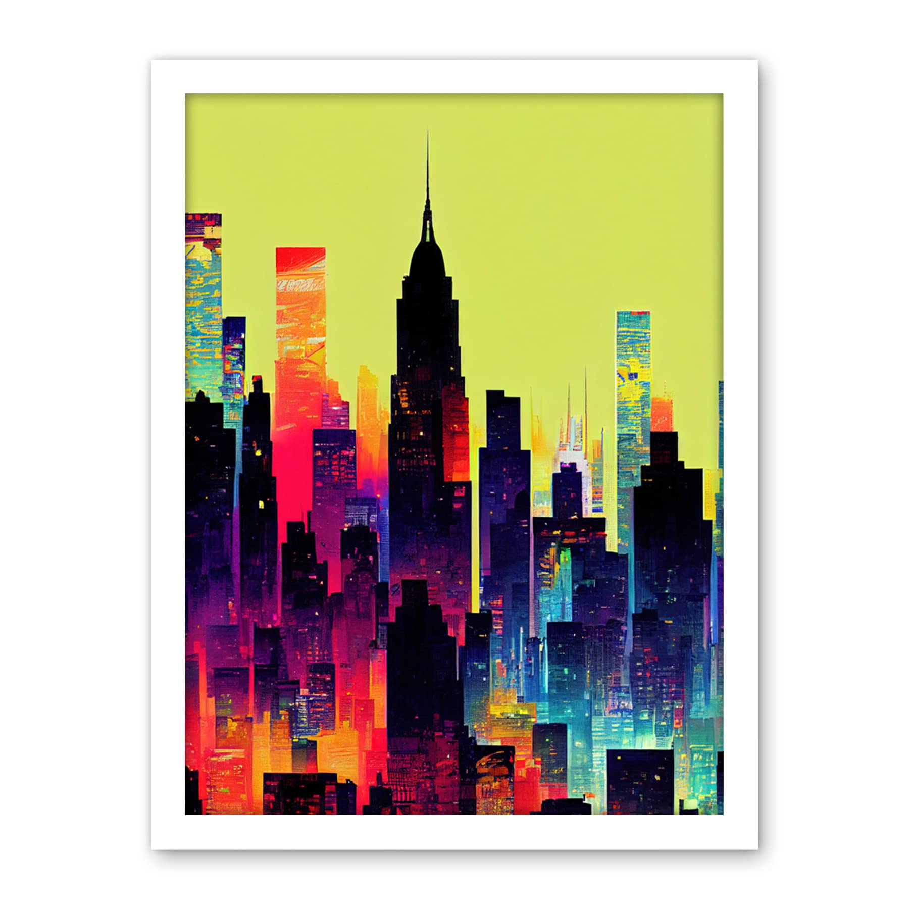 Wee Blue Coo New York Vibrant Multi Coloured Graphic Design Skyscraper Cityscape Silhouette Artwork Framed Wall Art Print 18X24 Inch