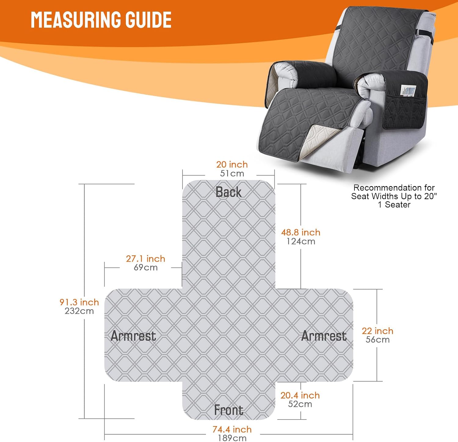  100% Waterproof Recliner Chair Covers Washable, Charcoal Gray, 20" | Non-Slip, Slipcover with Pocket, Furniture Protector, Elastic Straps, Chair Cover for Pets, Dogs thumbnail