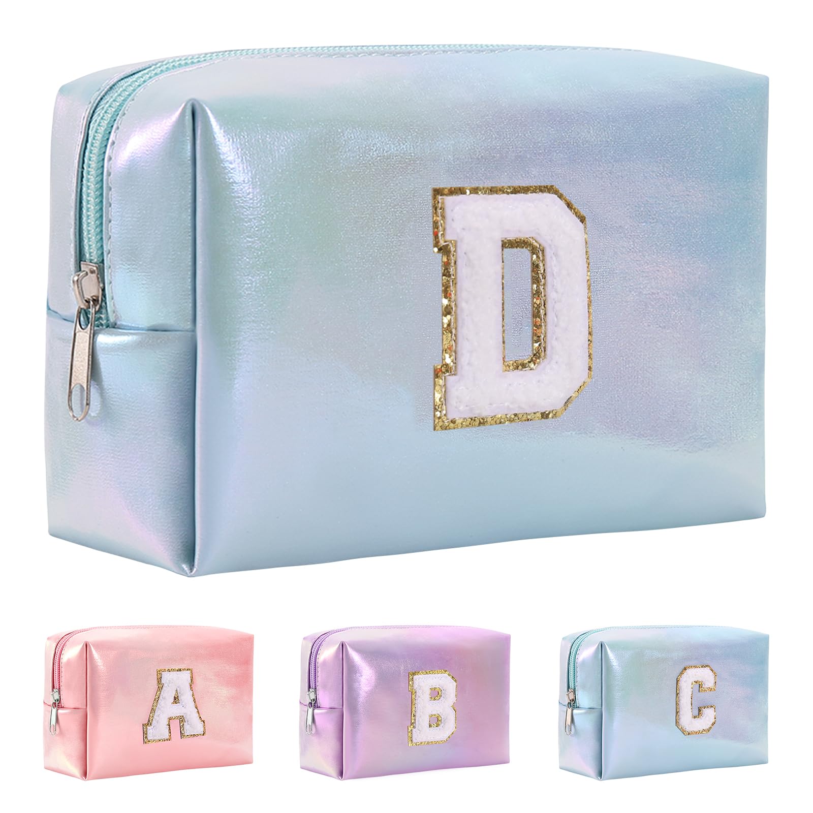 Hbhpov A-Z Personalized Initial Letter Makeup Bag Organizer,Waterproof PU Leather Chenille Letter Cosmetic Pouch Bag Travel Portable Toiletry Bag,Gift