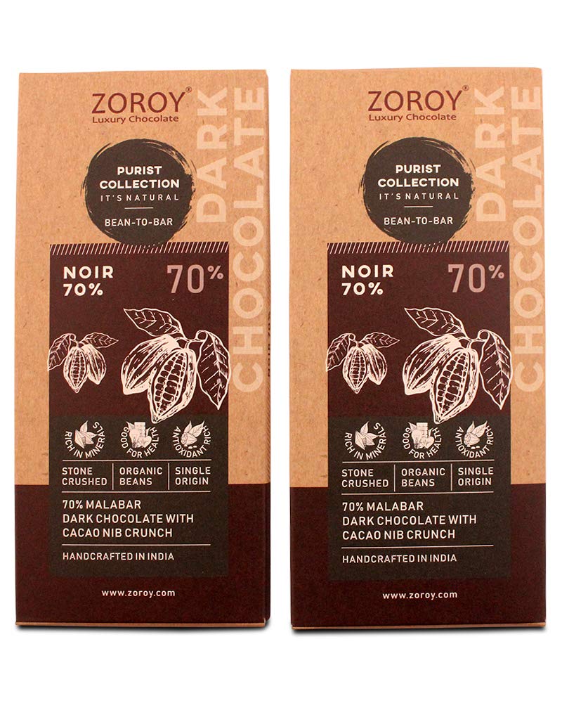 ZOROY Luxury Chocolate Vegan Dark Gluten Free Craft Bean to Bar Single Origin Chocolate Bar Pack of 2 x 58 gms each Pack (Noir cacao nib crunch 70% Dark Chocolate Bar)-image-3