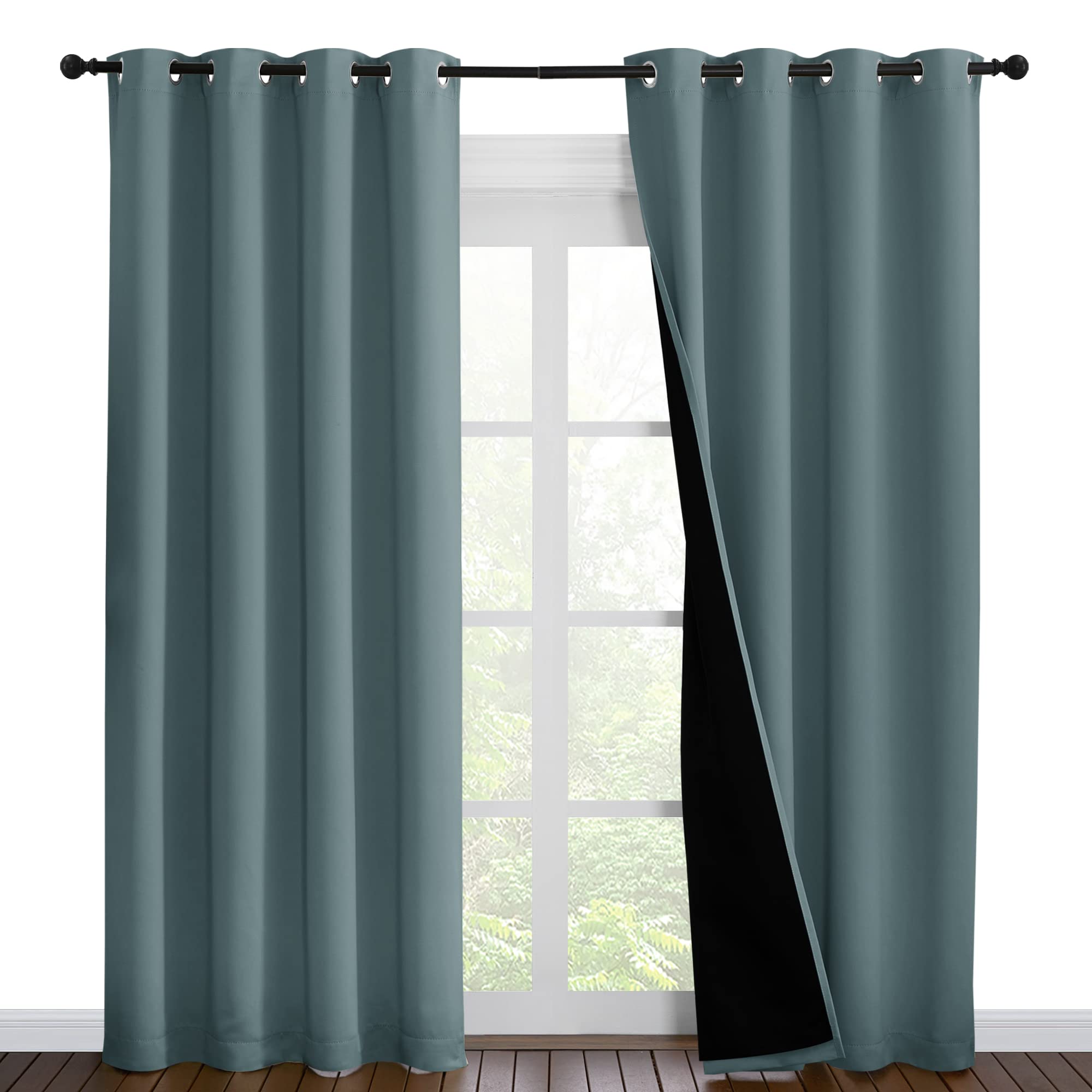 NICETOWN 100% Blackout Curtains 86 inches Long, Pair of Energy Smart &amp; Noise Blocking Out Drapes for Baby Room Window, Thermal Insulated Guest Room Lined Window Dressing(Greyish Blue, 55 inches Wide)