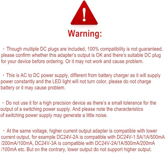 24V Power Supply 2A 1A AC Adapter with 11 Interchangeable DC Plugs AC120V to DC24Volts 2Amps 1.5A 1A 0.5A 400mA 200mA 100mA Power Adapter wall Charger dc24v Converter Inverter Transformer 6FT