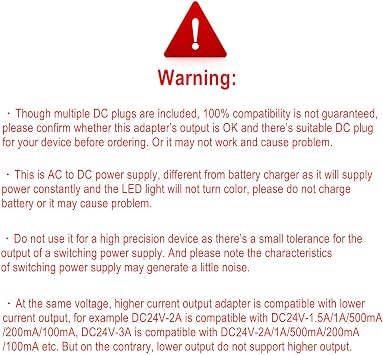 24V Power Supply 2A 1A AC Adapter with 11 Interchangeable DC Plugs AC120V to DC24Volts 2Amps 1.5A 1A 0.5A 400mA 200mA 100mA Power Adapter wall Charger dc24v Converter Inverter Transformer 6FT