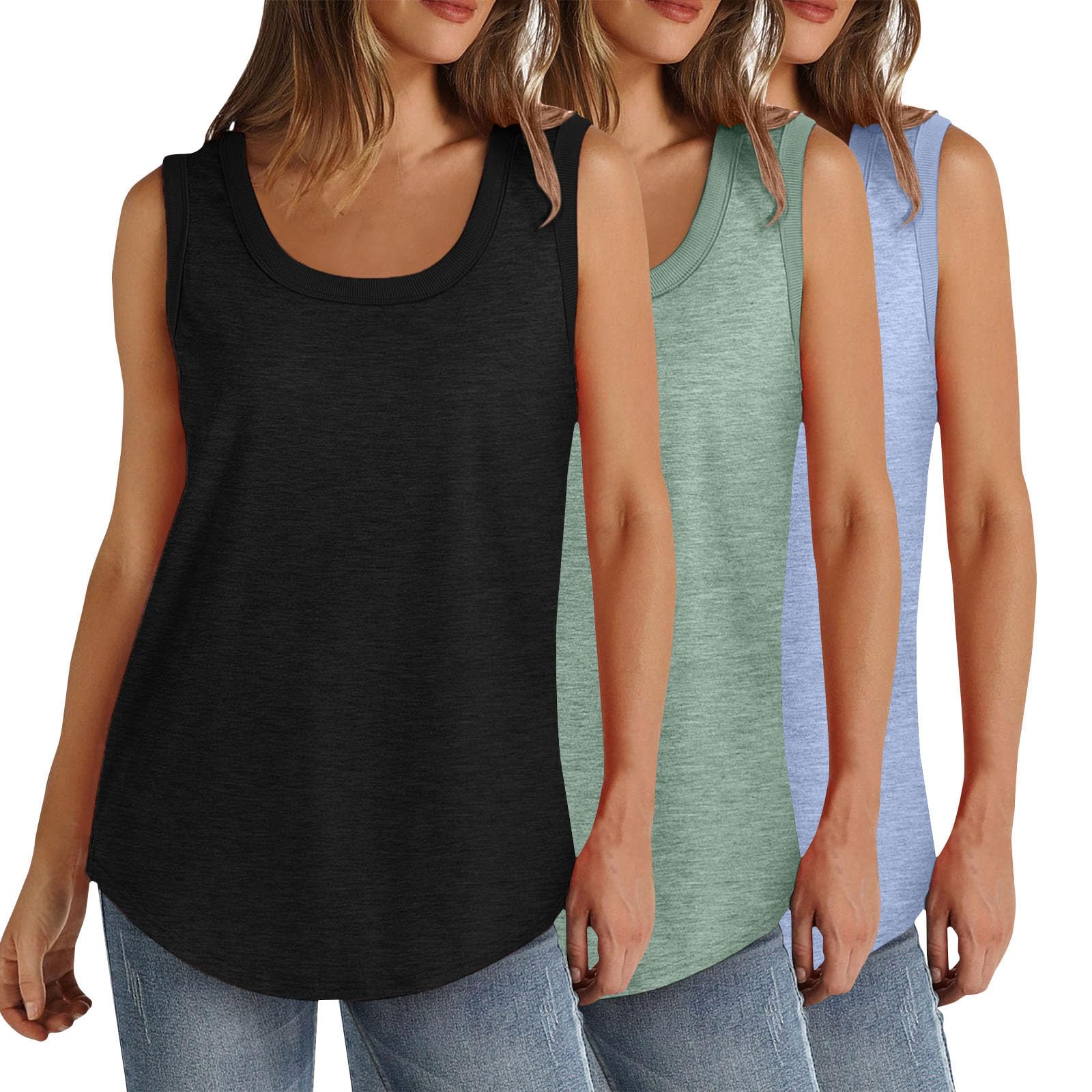 Lot de 3 débardeurs d'été sans manches pour femme - Grande taille - Col rond - Coupe ample - Couleur unie - Décontracté - Léger - Athlétique - Sport - Tunique - Ourlet incurvé (S à 5XL)