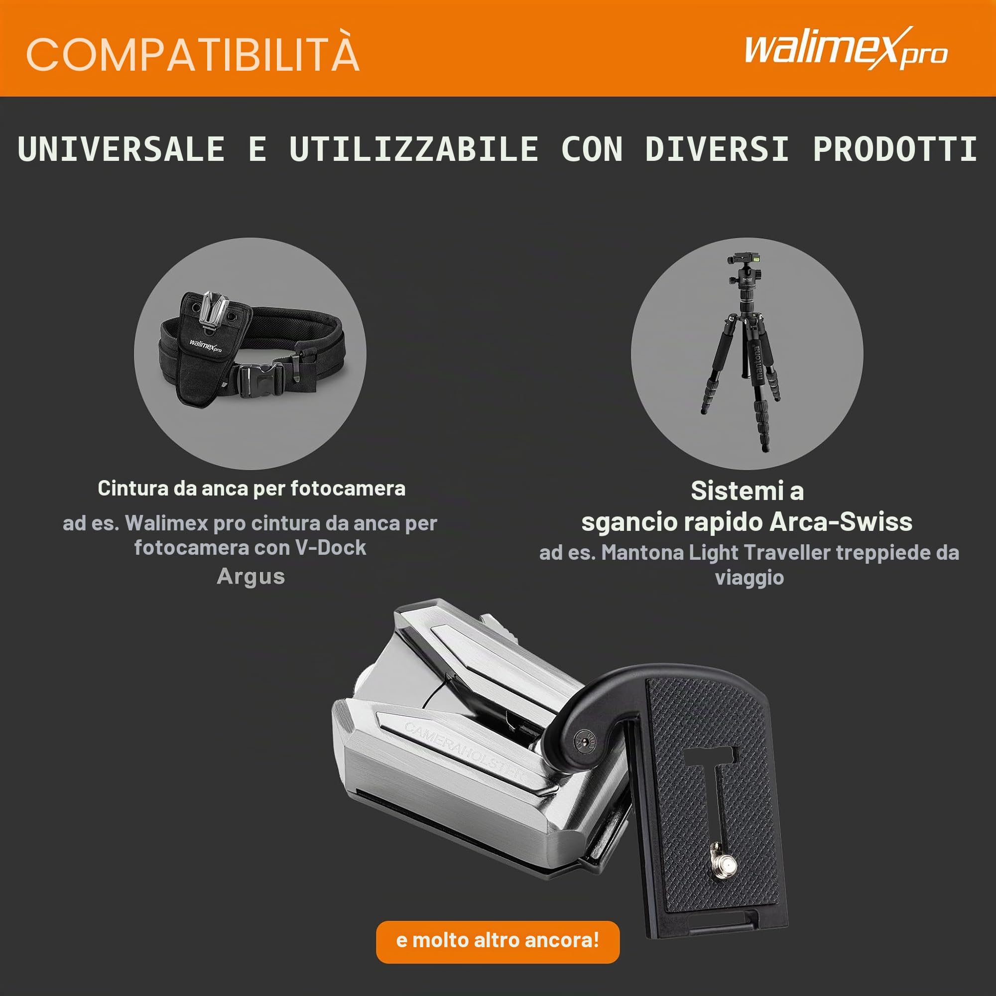 walimex pro Porta macchina fotografica da cintura, Gancio e Clip a V, Piastra a sgancio rapido compatibile con Arca-Swiss, max 5 kg, per cinghie larghe fino a 50 mm