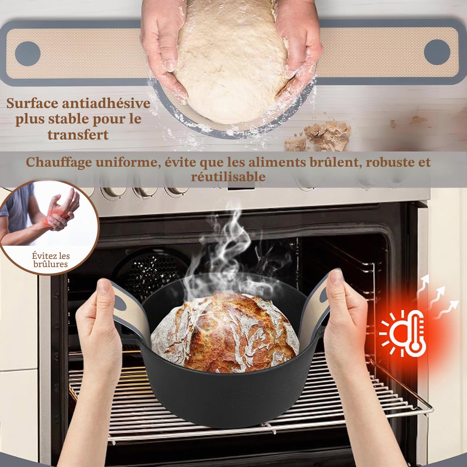 Banneton pour Pain-Silicone Banneton pour Pain au Lieu de Panier Osier,Corbeille Panier a Pain Sourdough Starter Kit avec Accessoire Patisserie,Paniere a Pain,Lame Boulanger et Fouet Danois