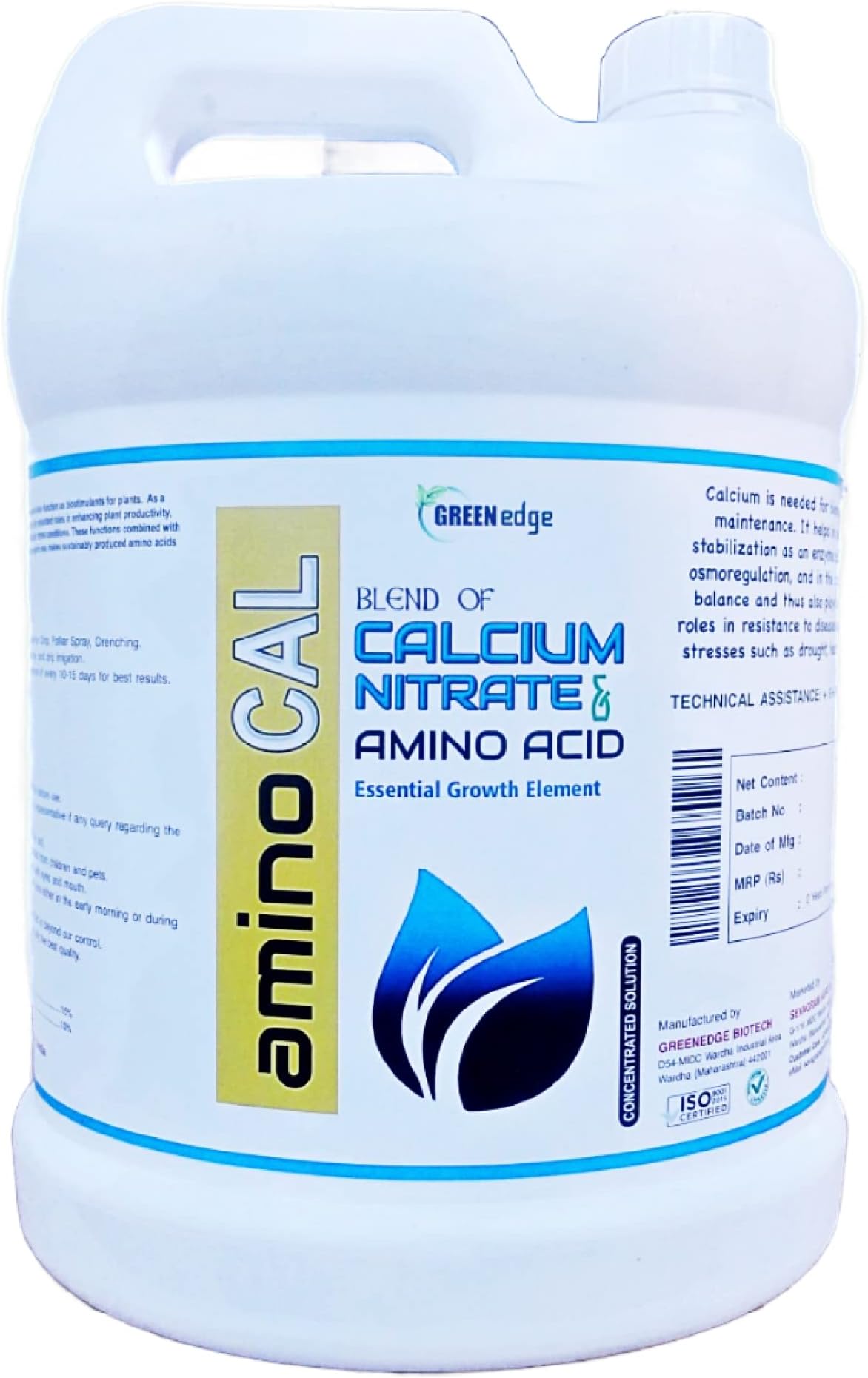 Greenedge Organic AMINOCAL (Calcicum Nitrate: Amino Acid Chelated) Fertilizer (5 Liters) Concentrated Liquid for healthy, tough and resistant Plant, 5 L