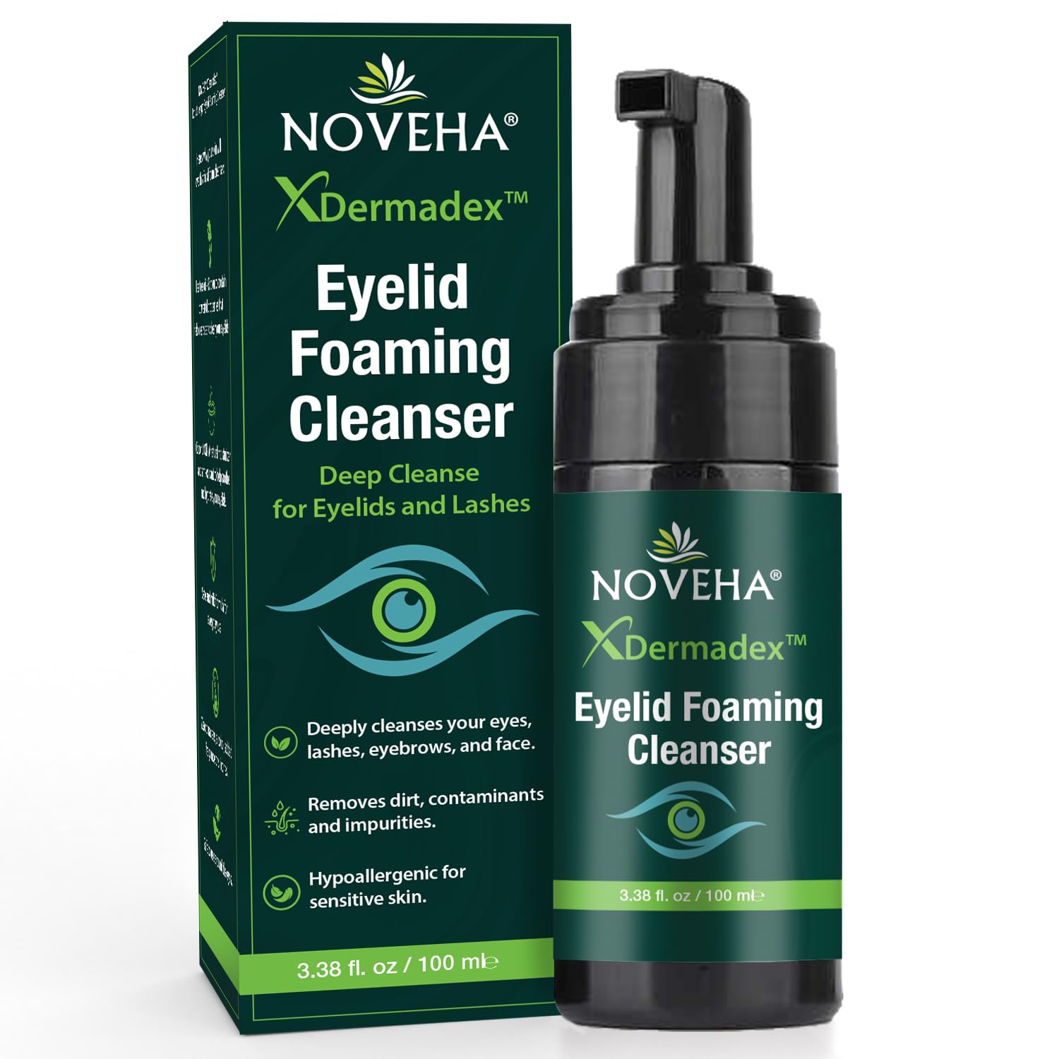 NOVEHA Schiuma Detergente Palpebrale per Demodex | Formula Extra Forte all'Olio di Tea Tree | Detergente Viso Quotidiano per Ciglia, Demodex, MGD, Orzocchi, Irritazioni Oculari e Secchezza Cutanea