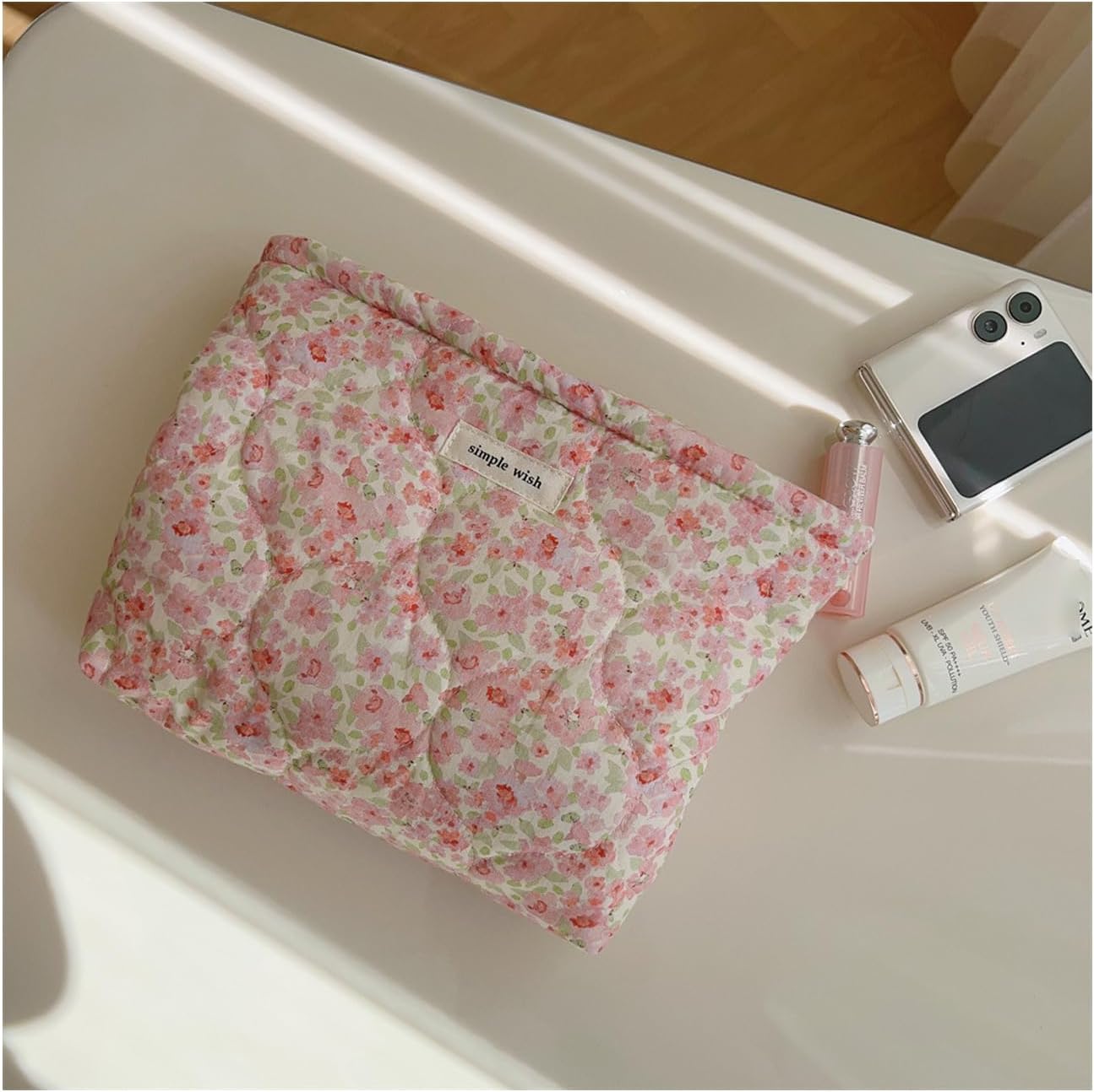 uekeboag Quilted Floral Cotton Makeup Pouch,Coquette Quilted Cosmetic Bag for Women and Girls, Aesthetic Organizer Bag, Flower Cute Travel Toiletry Bags(01Pink Little Flower) - Image 4