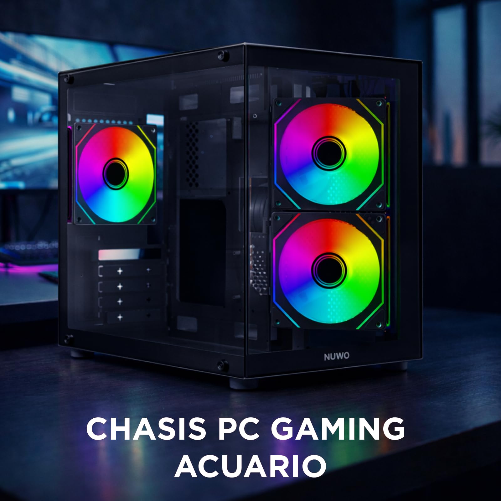 Nuwo Vitra BK100 | Caja PC Gaming Micro-ATX Micro Tower | 3 Ventiladores ARGB 120 mm | Estructura de Doble cámara | Panel Frontal y Lateral de Cristal Templado | Negro