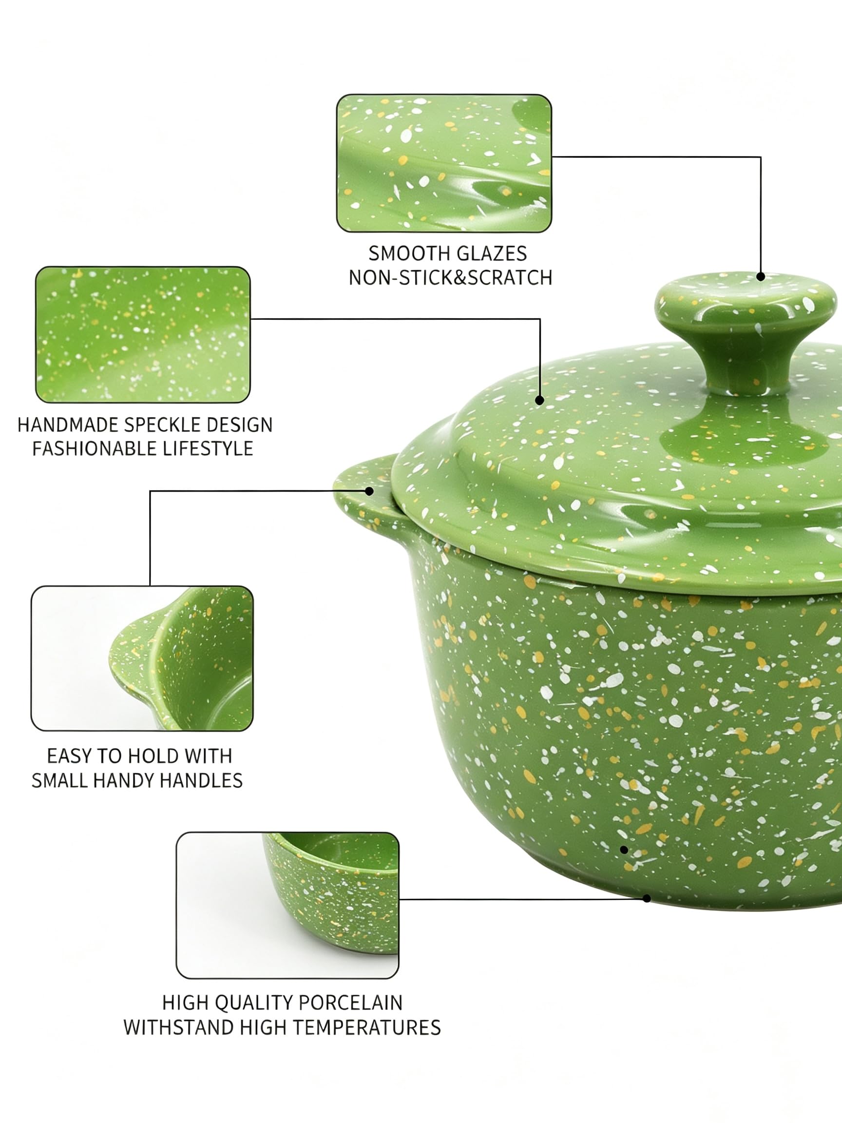 Juego de 4 mini cocotte de cerámica para horno, cacerola pequeña de 9 onzas con asas y tapa, olla individual para servir soufflé, sopa, adoquines, moldes de gres para hornear, color verde