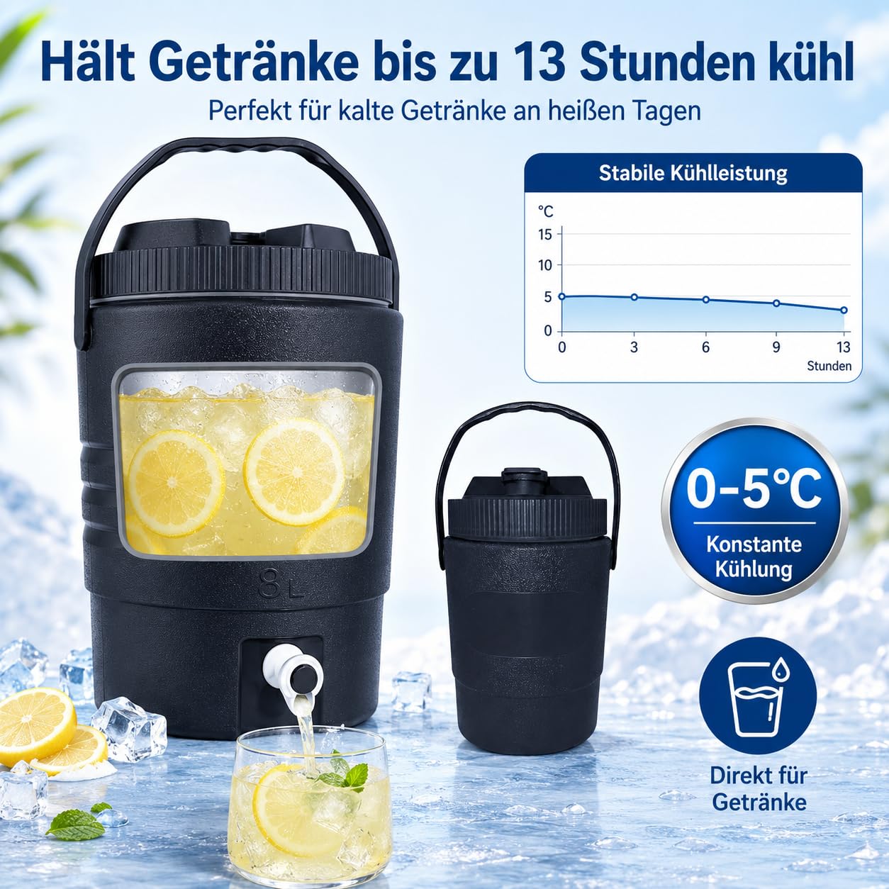 SISKEYCOOC - Dispenser di bevande isolato di alta qualità con rubinetto, dispenser per bevande fredde, thermos, dispenser per bevande calde, mantiene il blocco di ghiaccio, bevande fredde, latte, tè