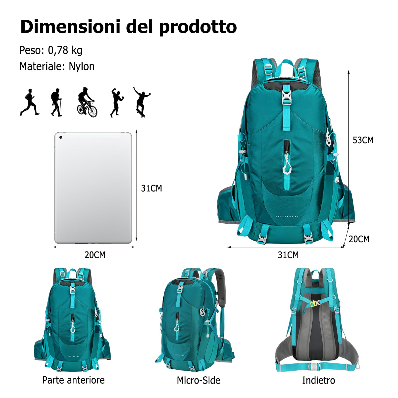 Zaino da Escursionismo 40L Zaino Outdoor con Copertura Antipioggia Grande Traspirante Backpack per Campeggio Viaggi Lago Blu
