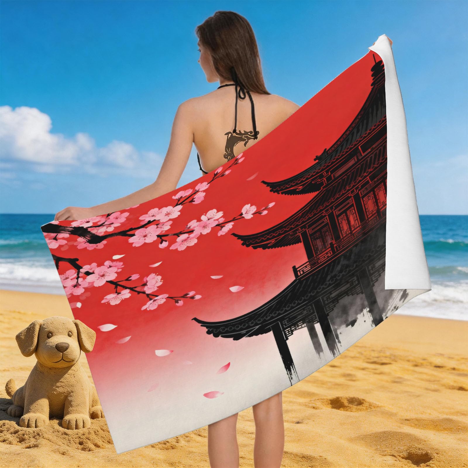 Leichong 3D Chinese Architecture Beach Towel Microfiber Soft Quick Dry for Adults, Girly Cherry Blossoms Bath Towel Lightweight Soft Absorbent for Travel Swimming Pool Sports, 75 x 150 cm