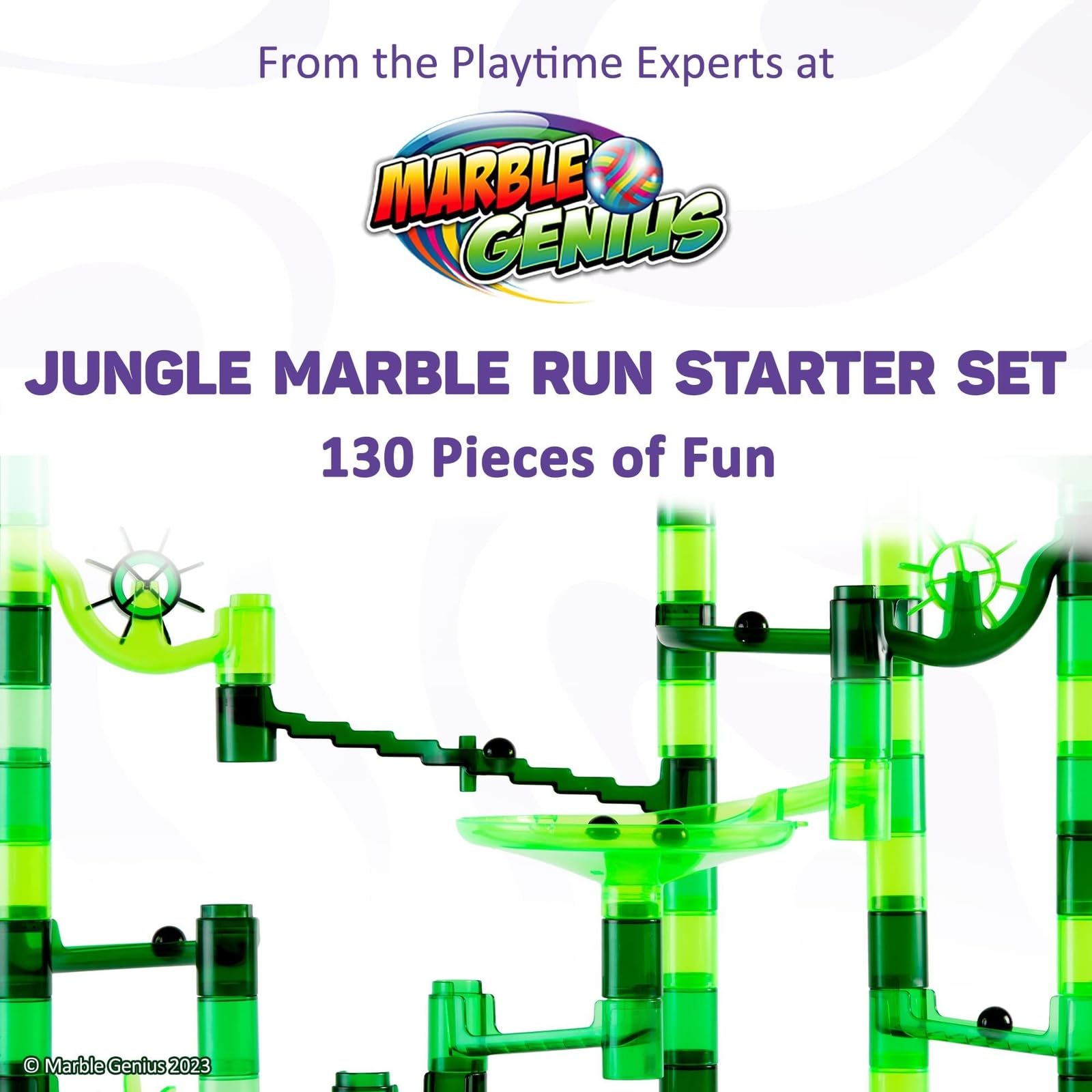 Marble Genius Marble Run - Juego de iniciación STEM para niños de 4 a 12 años, 130 piezas completas (80 piezas translúcidas marbulosas y 50 canicas de vidrio), juguetes de bloques de construcción,