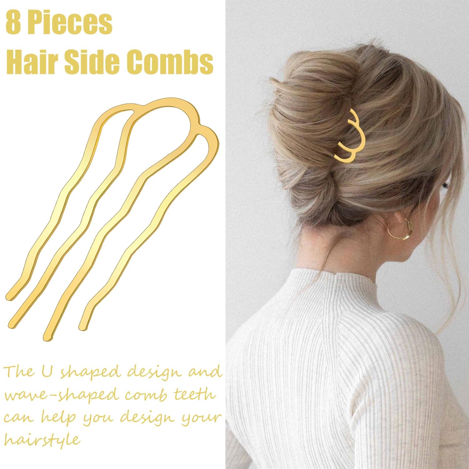 6 Piece Metal Hair Side Combs Hair Fork Clip Pins for Updo Bun, U Shape for Vintage Hairstyle Hair Accessories (Gold-4 Teeth) - Image 3