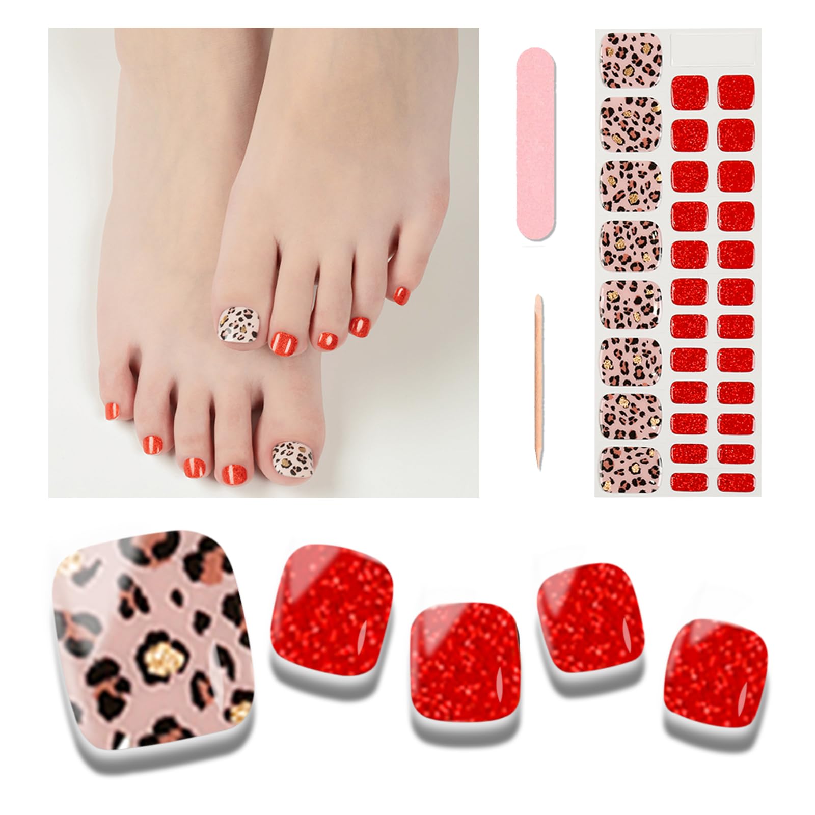 Wekcekcek Semi Cured Gel Toenail Strips, 32 Red Leopard Gel Toenail Stickers - Works with Any UV Lamps Pedicure Strips Full Nail Wraps with Nail File
