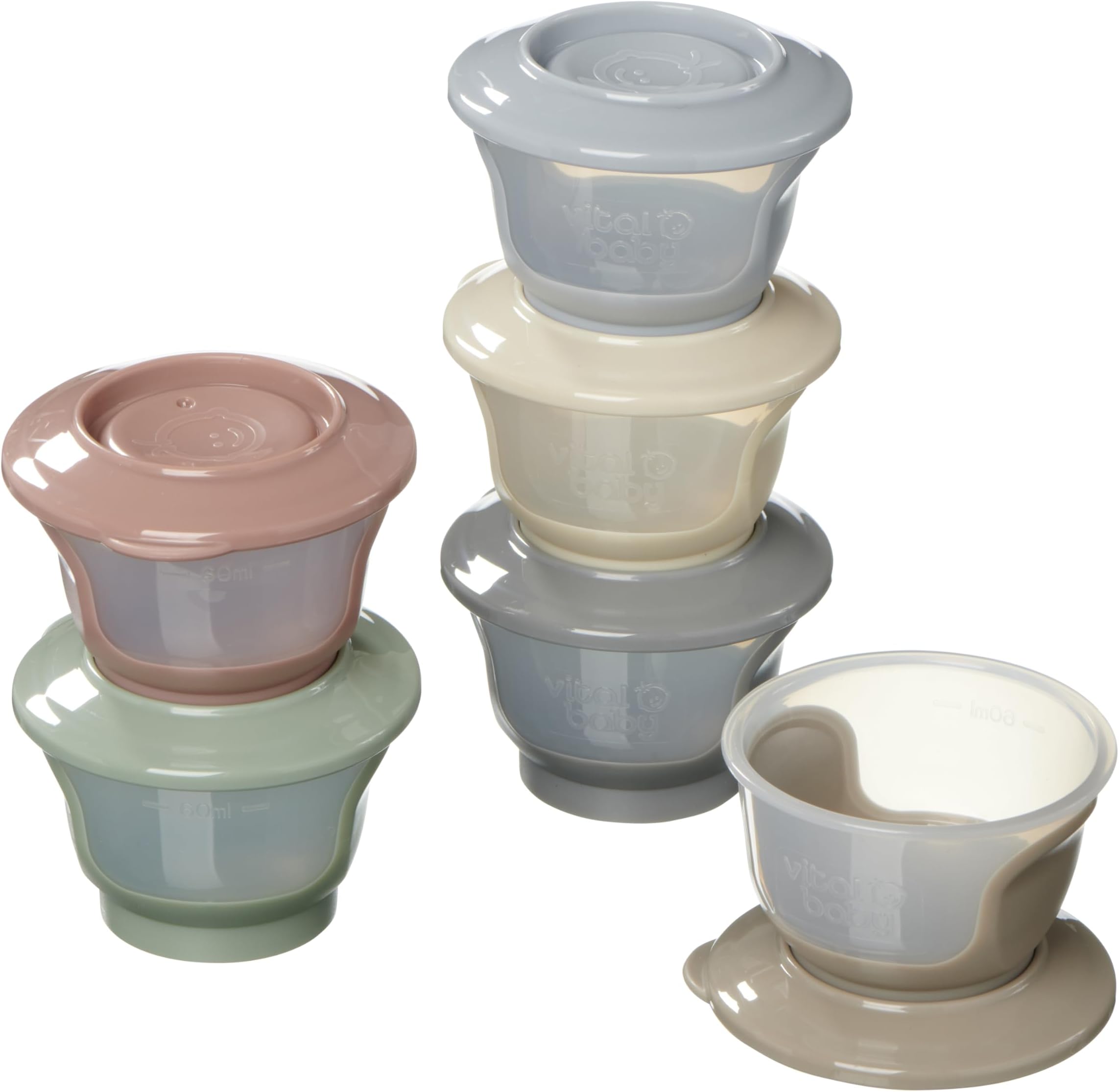 Vital Baby Nourish Store & Wean Food Pots 60ml, Leakproof, Stackable, Soft Base, EarthSmart Biodegradable, Fridge & Freezer Safe, BPA-Free, 4m+, 6 Pack