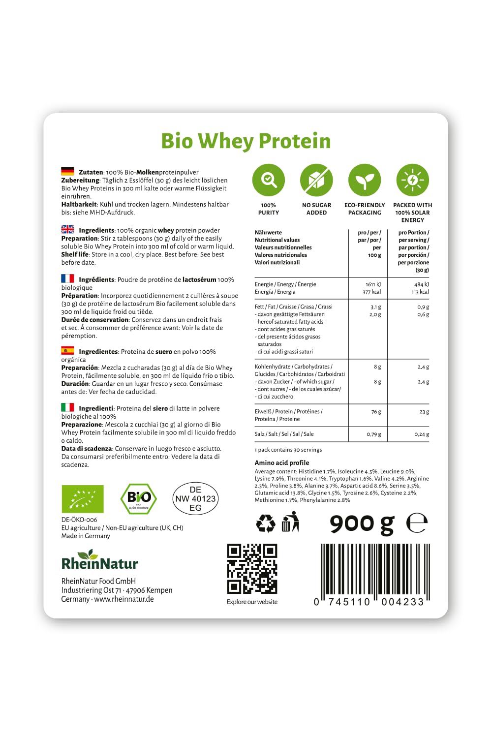 RheinNatur Bio Whey Protein-Pulver Vanille/Kakao/Geschmacksneutral, 900 g (Neutral)
