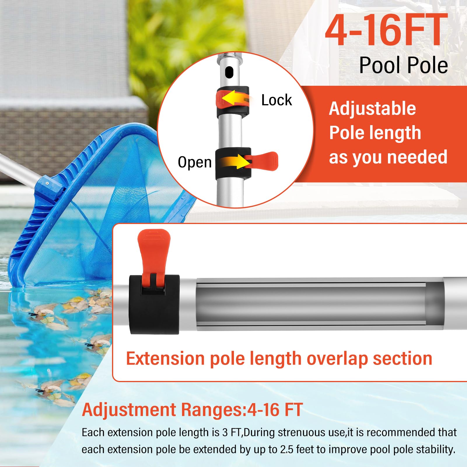 Poste telescópico de 16 pies, poste de extensión de aluminio para piscina, poste telescópico de 4 a 16 pies, poste telescópico de cepillo de piscina para cabezales de aspiradora de piscina, redes de