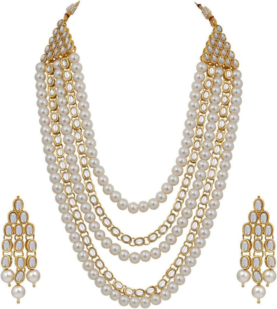 Aheli Kundan Pearl Long Multi Layered Necklace Earrings Set Indian Wedding Jewelry Gift for Women