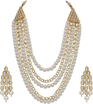 Aheli Kundan Pearl Long Multi Layered Necklace Earrings Set Indian Wedding Jewelry Gift for Women