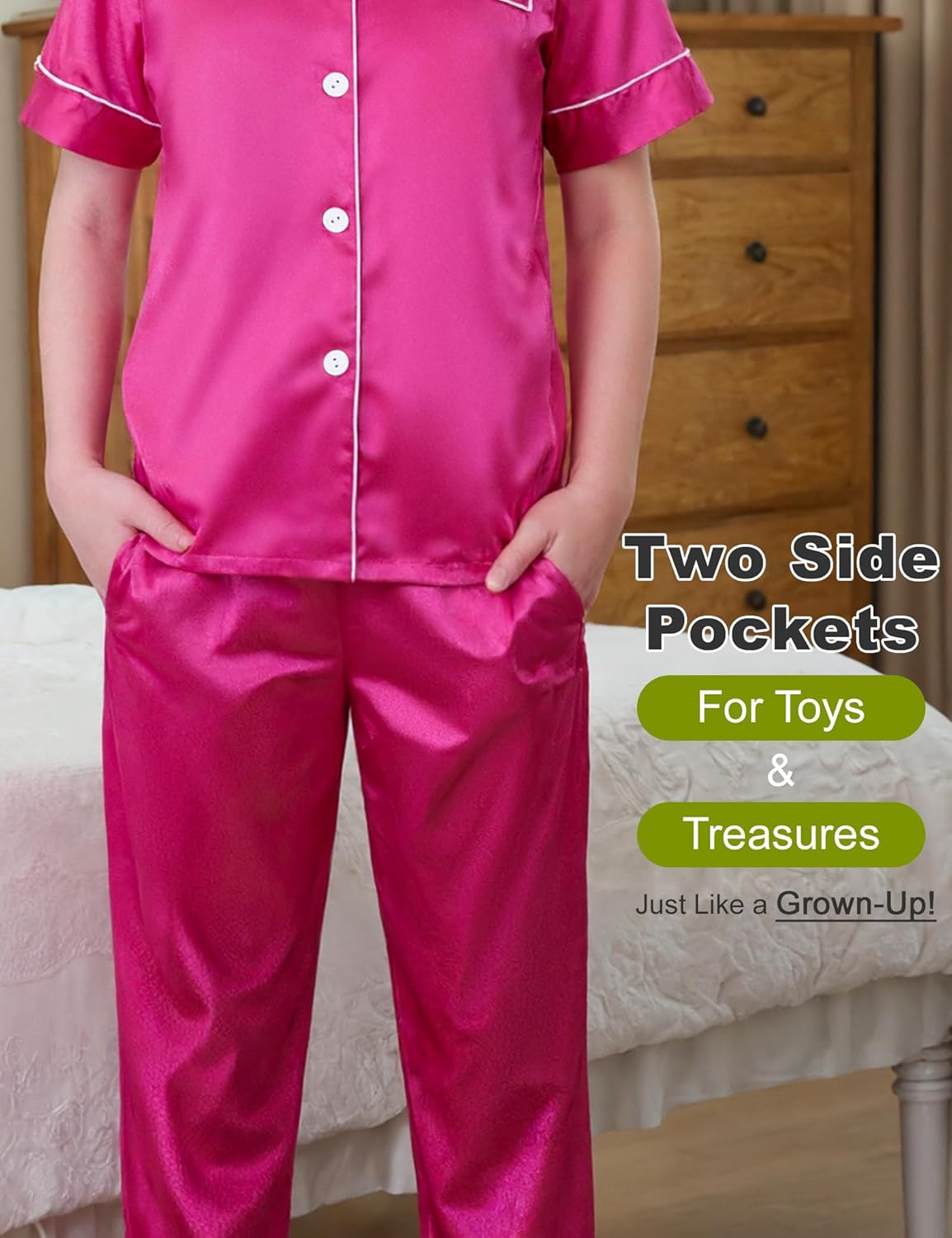 DIPUG Girls Satin Pajamas Set with Pockets Soft Sleepwear Girl Pjs Silky Button Down PJ - Image 3