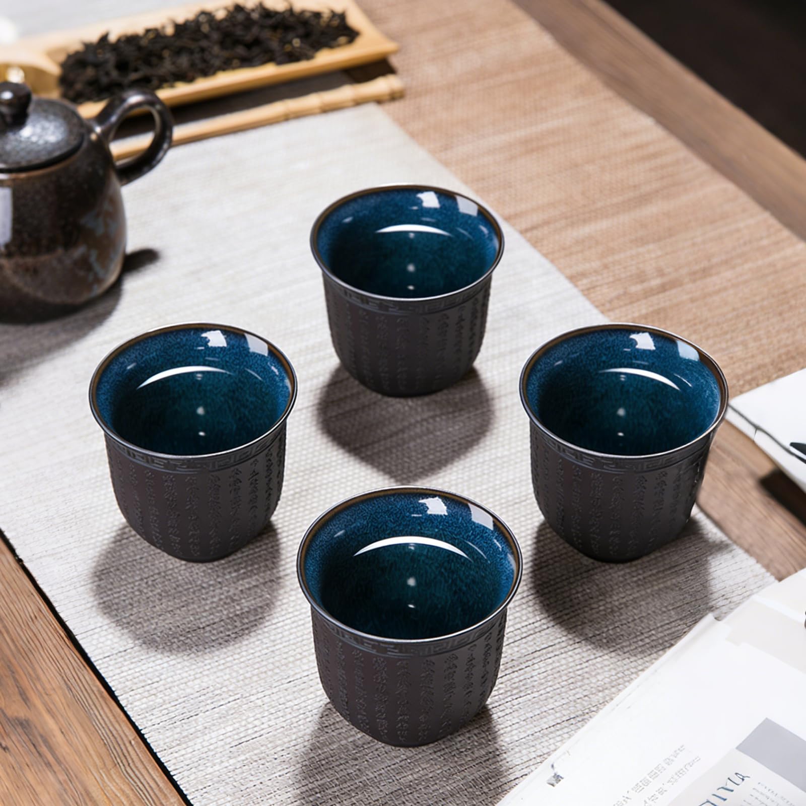 4 tazze da tè giapponesi, 165 ml, tazze da tè asiatiche, cuore buddista Sutra, in ceramica, con motivo a forma di cuore, viola, per tè, sake, espresso, caffè, tazza da tè in rilievo