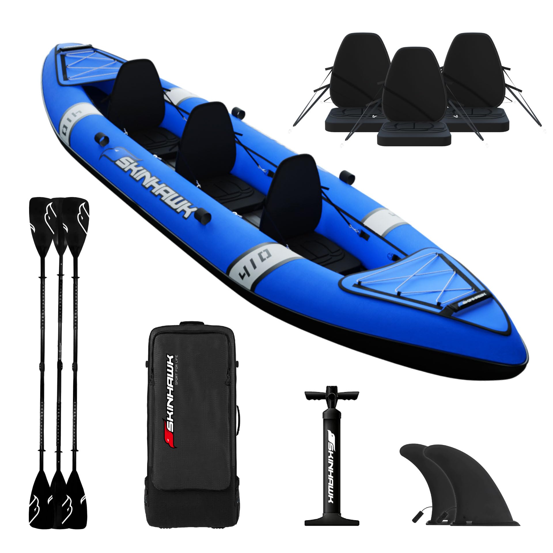 SKINHAWK Kayak Classic 410 Bleu Canoë Bateau gonflable 3 places Pompe Sac 410 x 95 cm