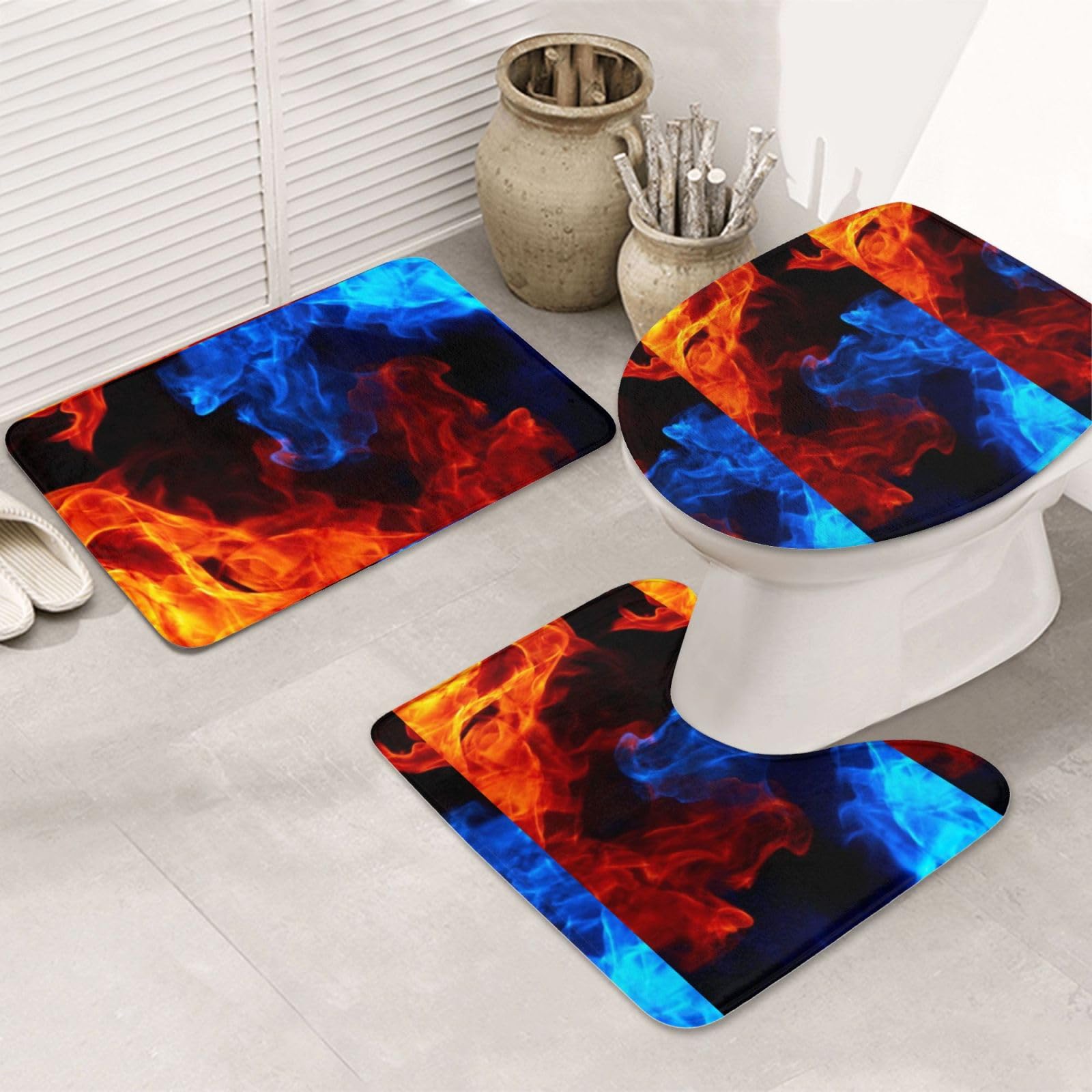 Tapis de bain 3 pièces antidérapants et absorbants avec motif flamme rouge et bleue