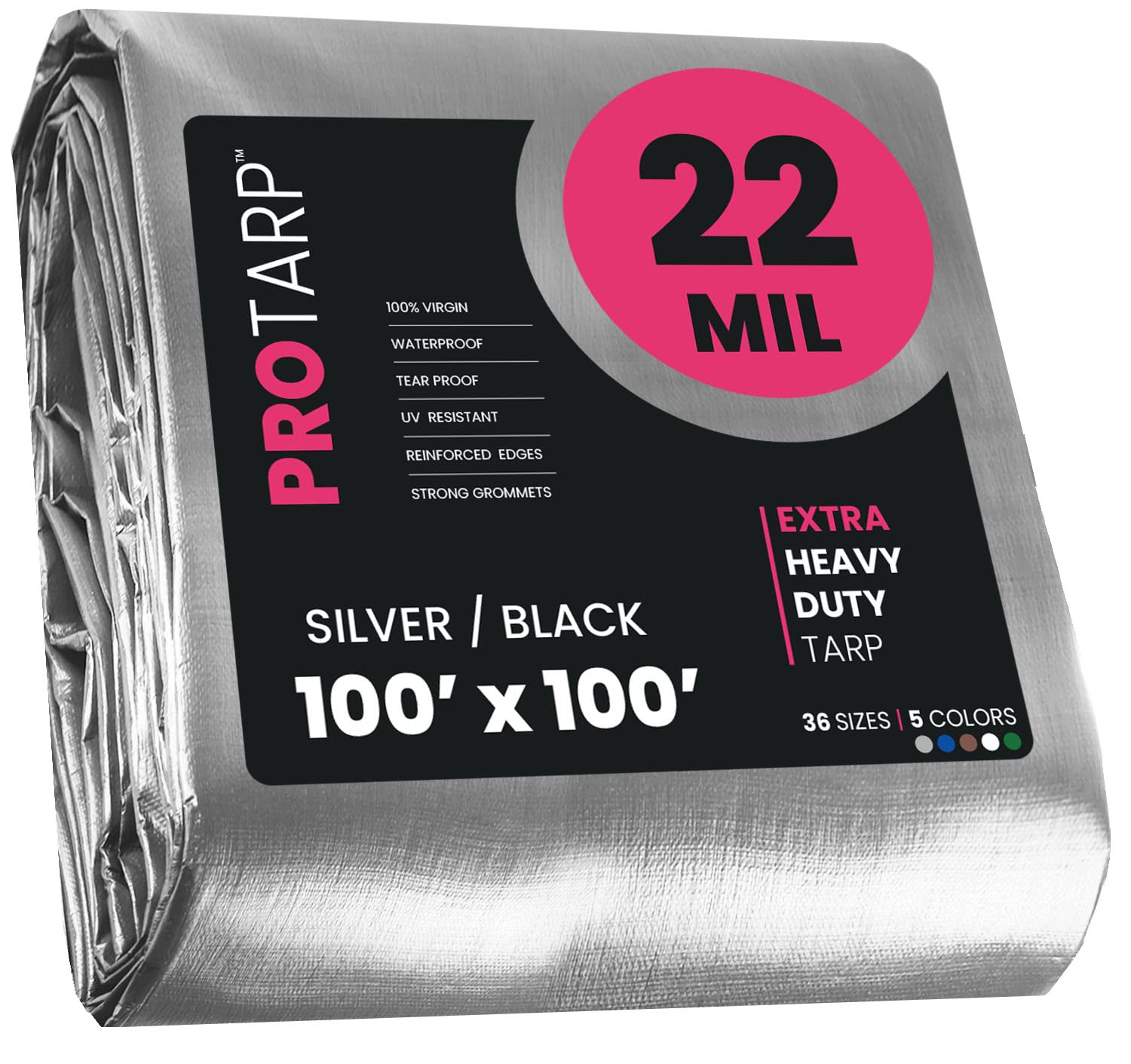 Extreme Heavy Duty 22 Mil Tarp Cover, Waterproof, UV Resistant, Rip and Tear Proof, Poly Tarpaulin with Reinforced Edges for Roof, Camping, Patio, Pool, Boat. (Silver/Black 100′ X 100′)