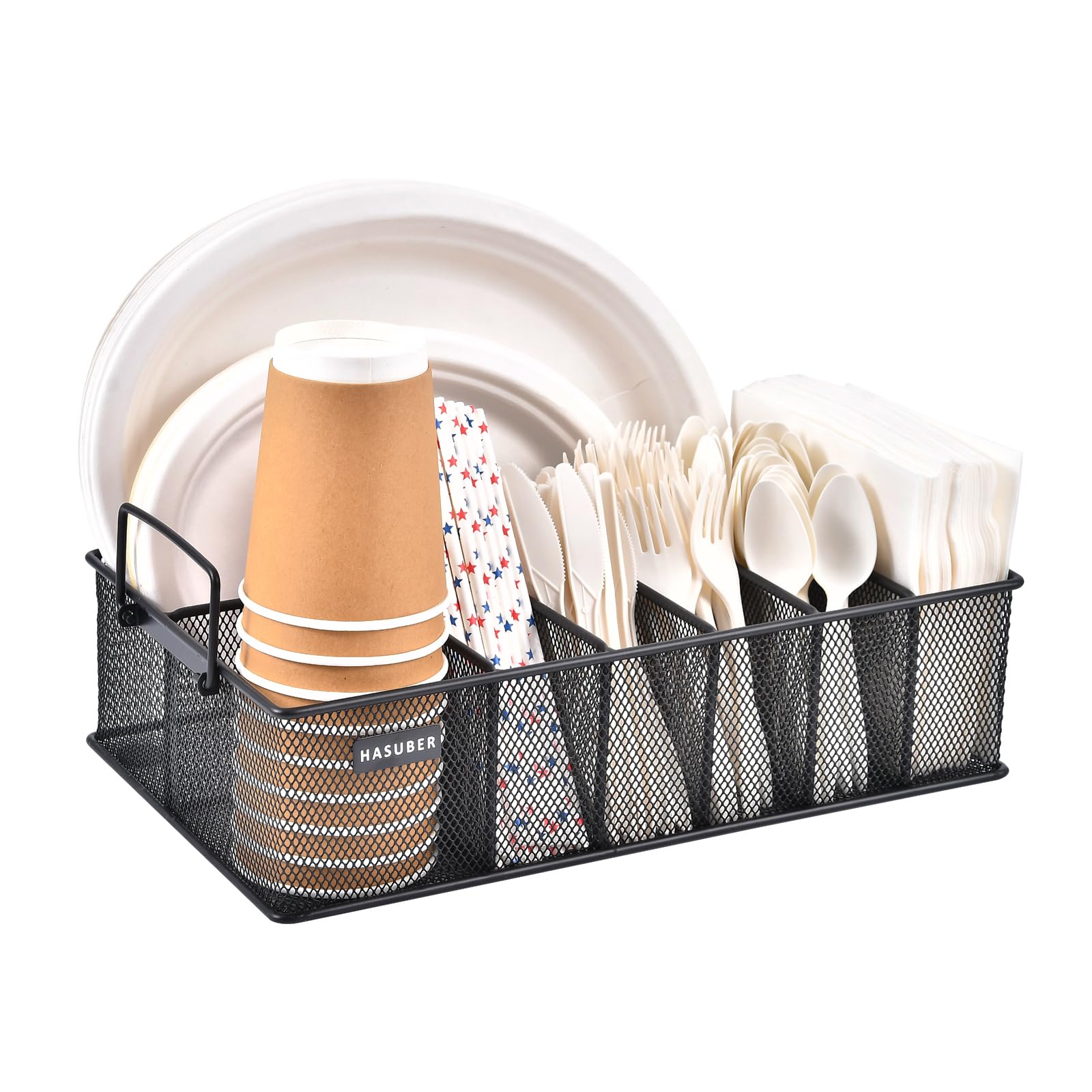 Organizador de cubiertos con asa, organizador de utensilios de metal para encimera de cocina, 7 compartimentos para plato, taza, servilleta, dispensador de platos de papel para fiesta, picnic
