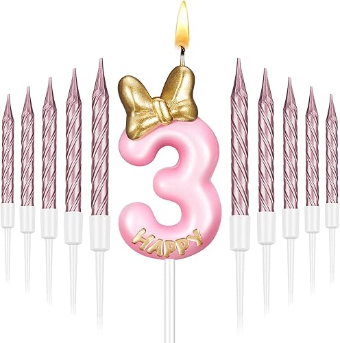 BBTO Vela de cumpleaños número 3 rosa con 10 velas rosadas largas y delgadas para cupcakes en soportes para decoración de tartas, suministros de