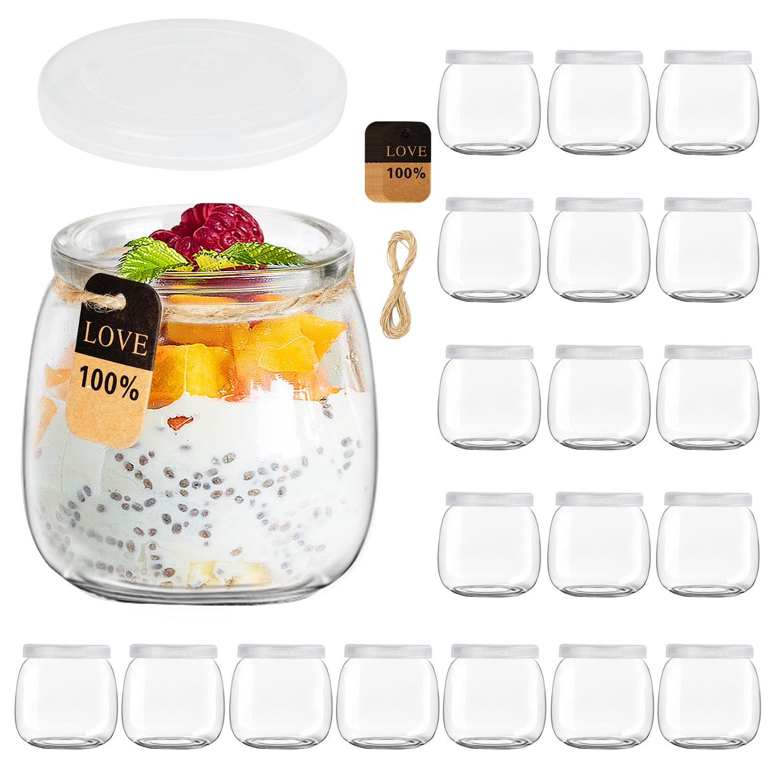 Tarros de Yogur Transparentes con Tapa de 200 ml (Pack de 20) - Tarros de yogur con tapa, para pudding-yogur, tarros de cristal para conservas de tulipanes, mermeladas, jaleas, miel, postres