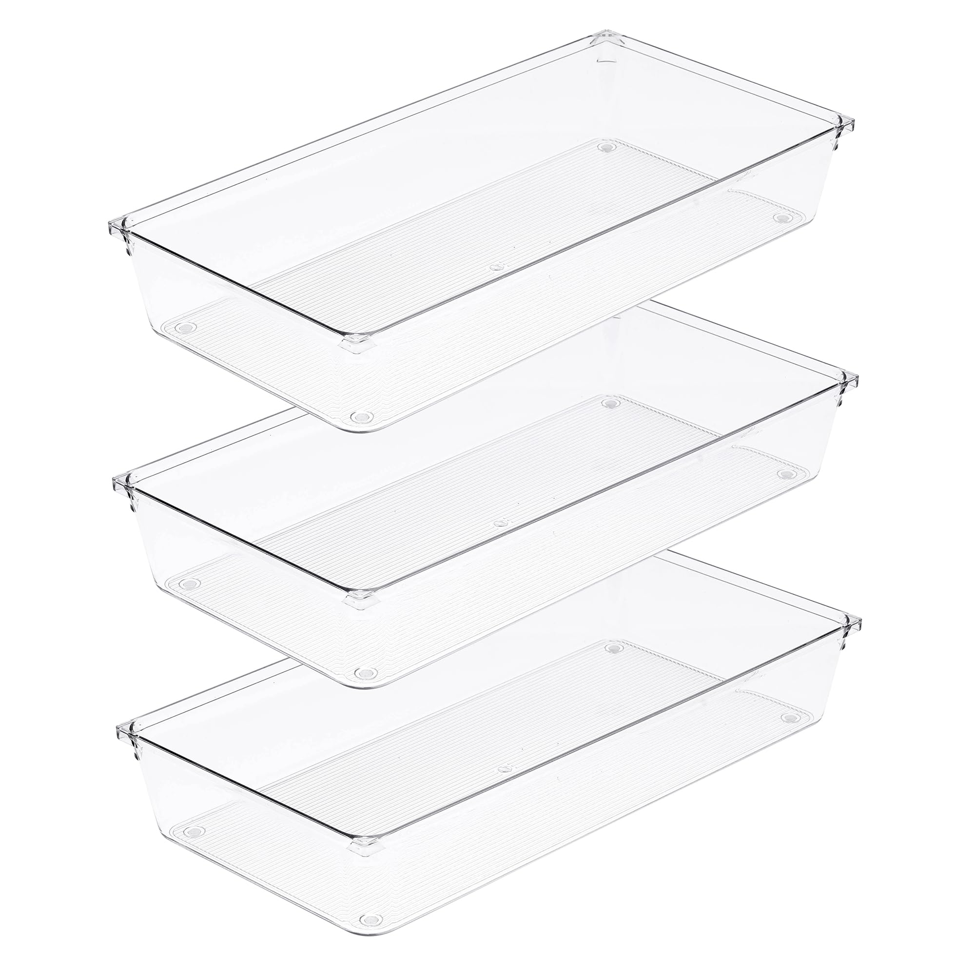 Amtido Clear 3 Pack Drawer Organisers - Sturdy Plastic Storage - Versatile Storage For Kitchen Cutlery, Bathroom, Utensils, Makeup, Office, And Desk Accessories (15.2Cm X 30.5Cm X 5.1Cm)