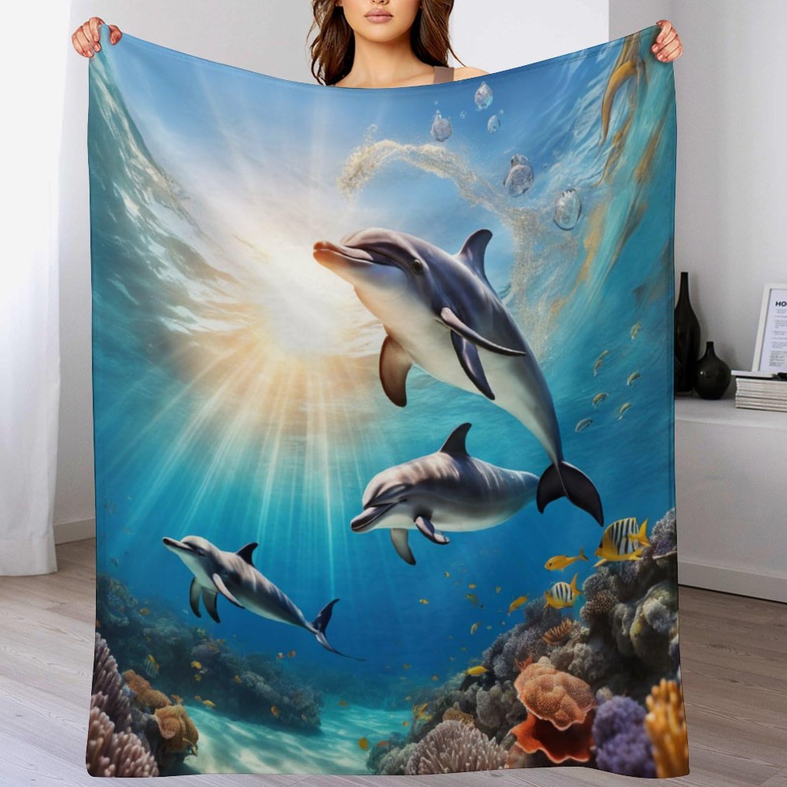 Couverture polaire dauphin en flannel douce 150x200cm pour lit et canapé