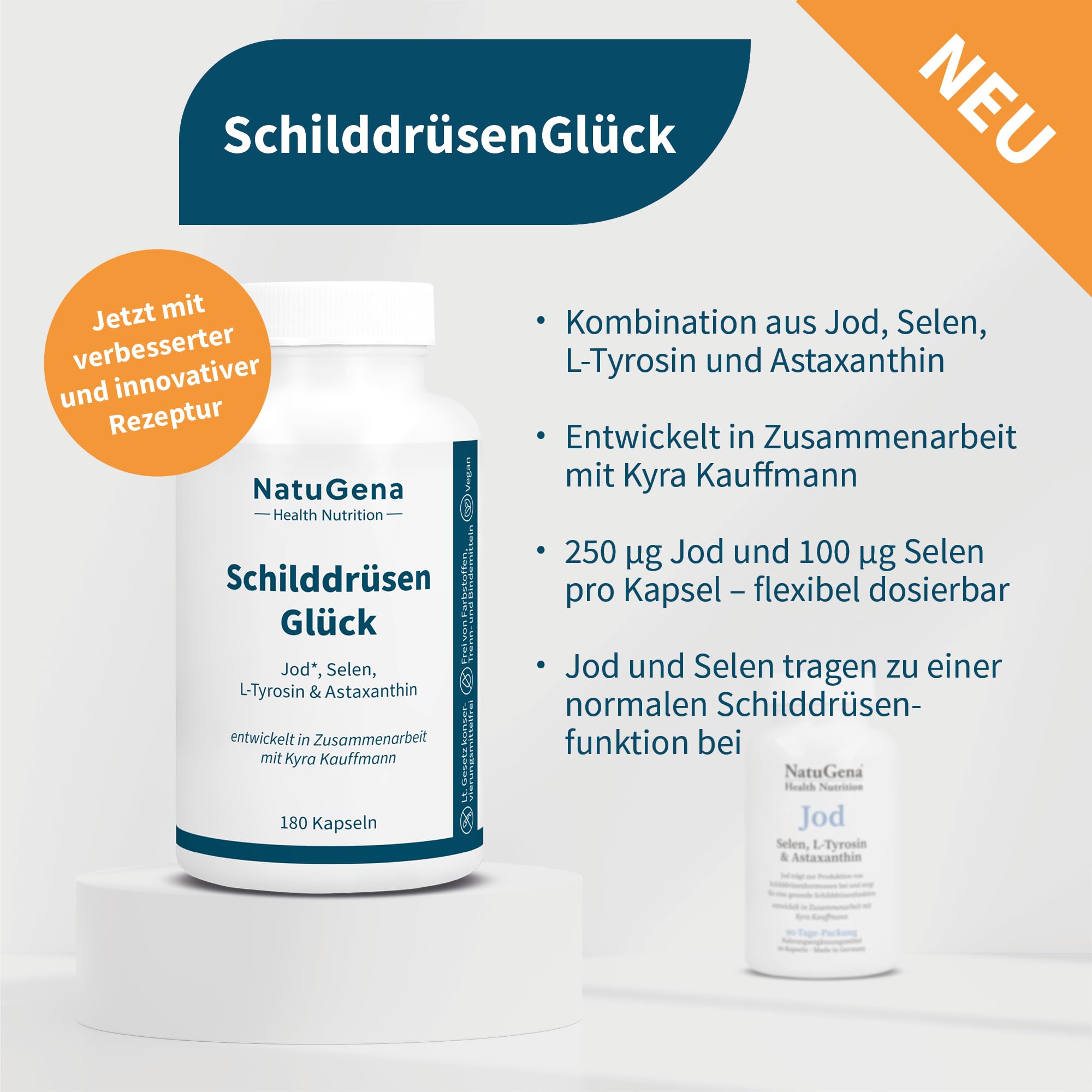 NatuGena SchilddrüsenGlück, 250 μg Jod & 100 μg Selen, 250 mg L-Tyrosin & 1 mg Astaxanthin pro Kapsel, 180 Kapseln (6 Monats Packung)