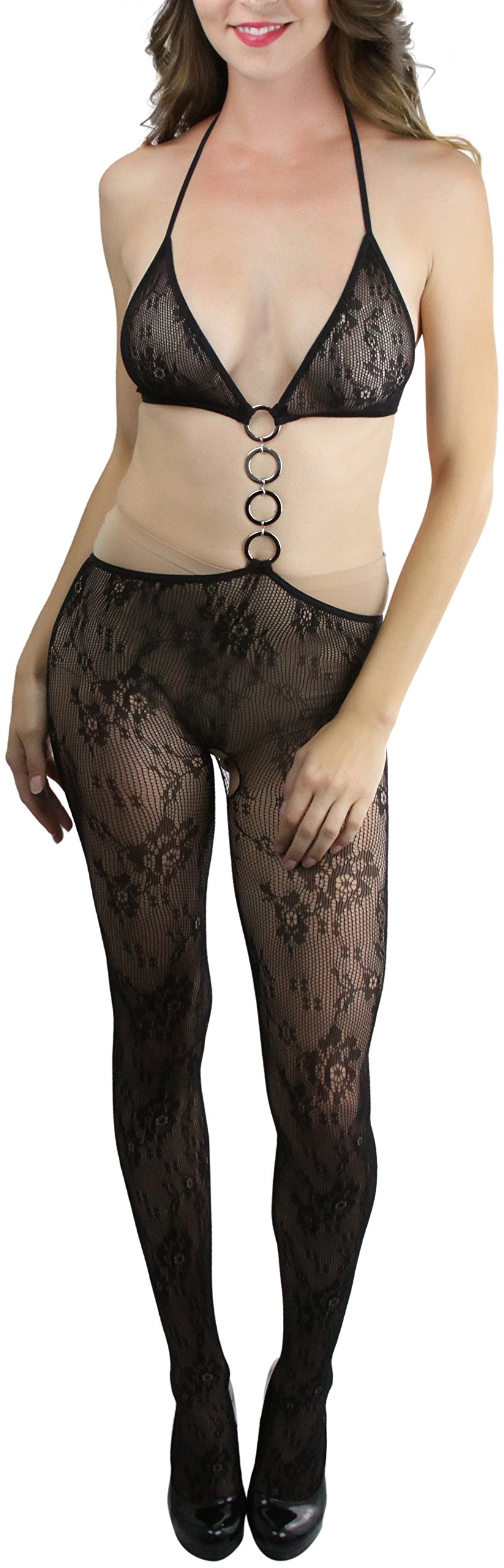 ToBeInStyle Women’s Bodystocking Crotchless Peek-A-Boo Fishnet Lace Bodysuit