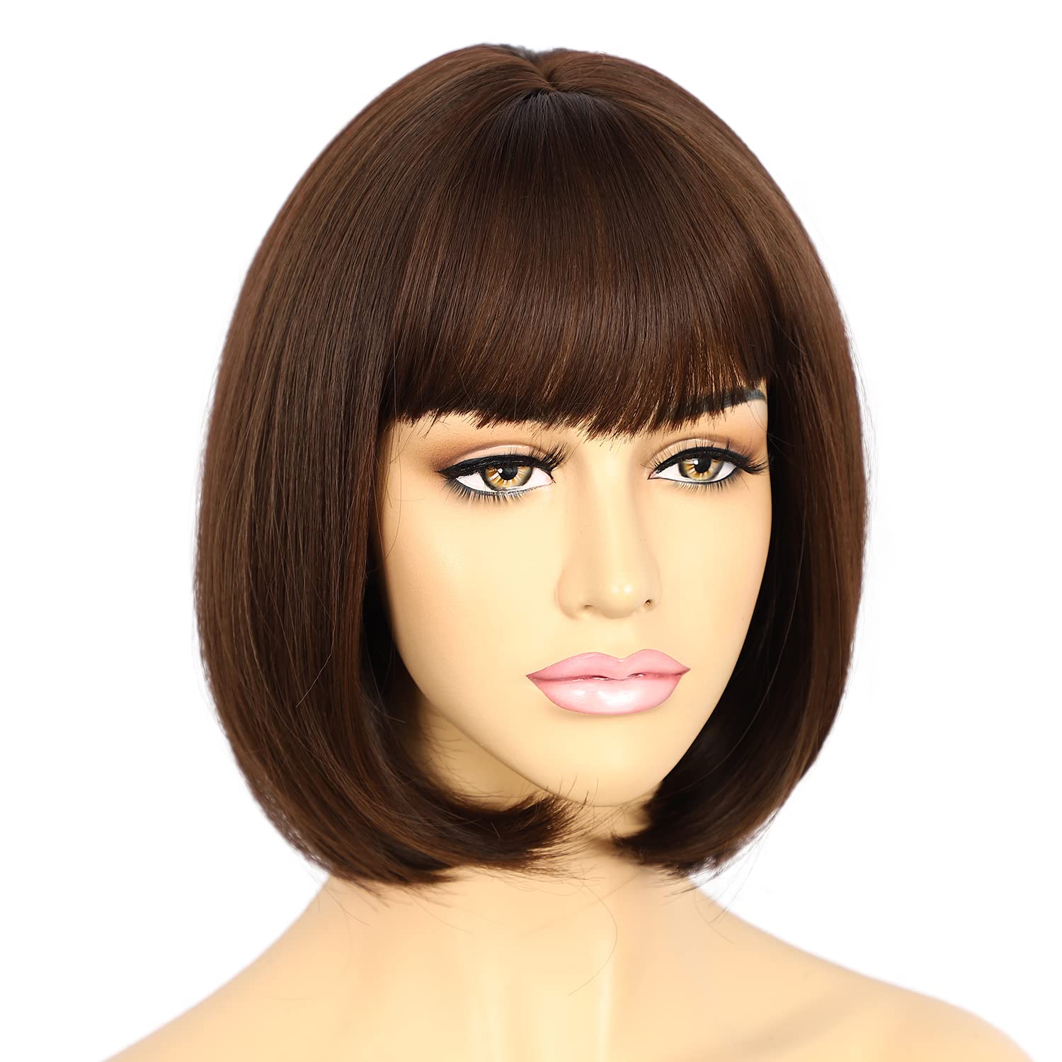 Sapphirewigs Dark Brown Bob Wigs for Women Bangs Short Brown Bob Wig Daily Party Hair Natural Looking 12 inch - Image 3