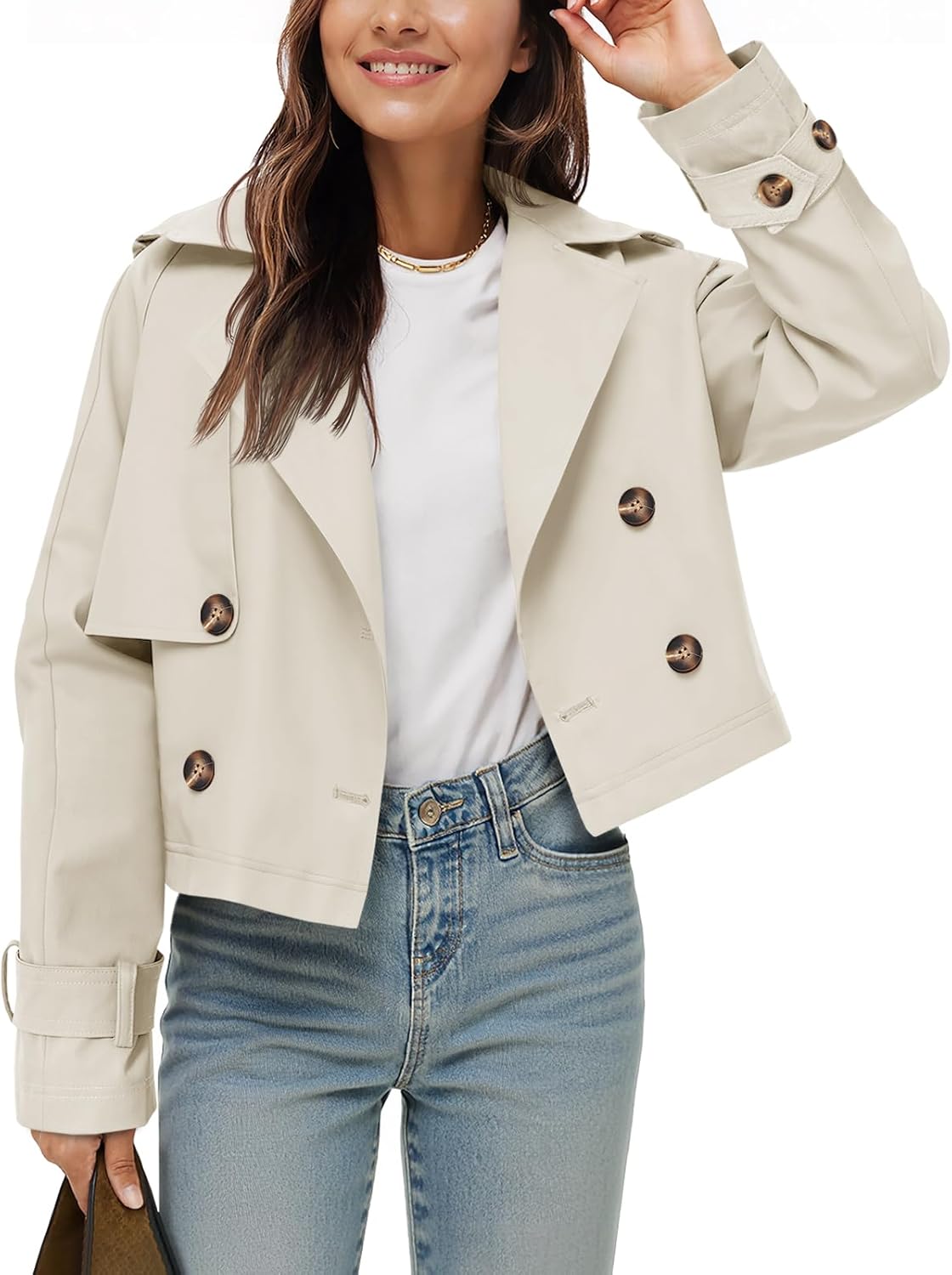 Tankaneo Womens Cropped Trench Coat Lapel Double Breasted Short Jacket Outwear