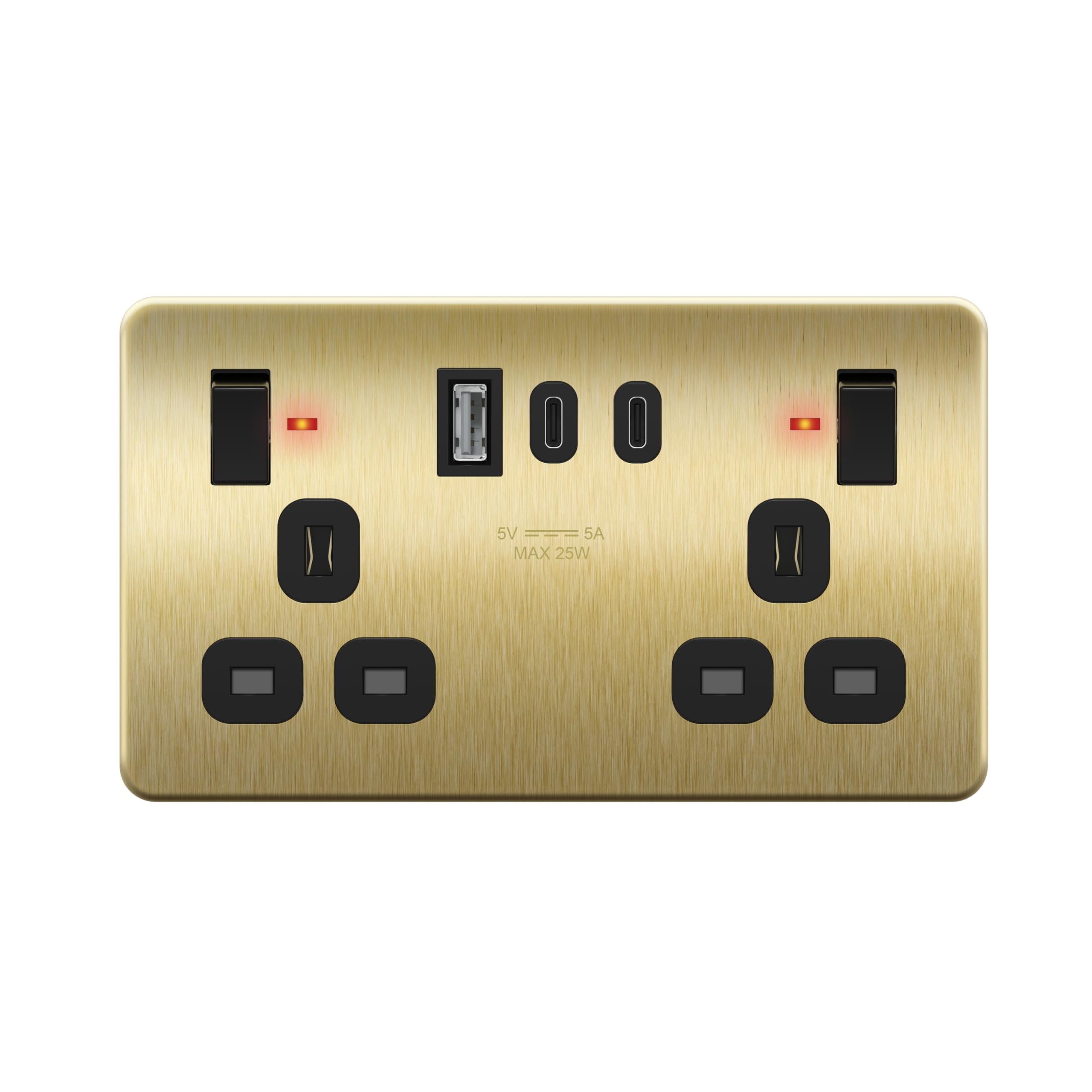 LIDER 2-Gang Switched Socket, USB TYPE C&A Ports, LED Power Indicator, Always-On USB Ports, 25W Combined Output, Stainless Steel, UKCA Certified, Child Safe, Brushed Brass (Use a 35mm-deep back box) โ image 1