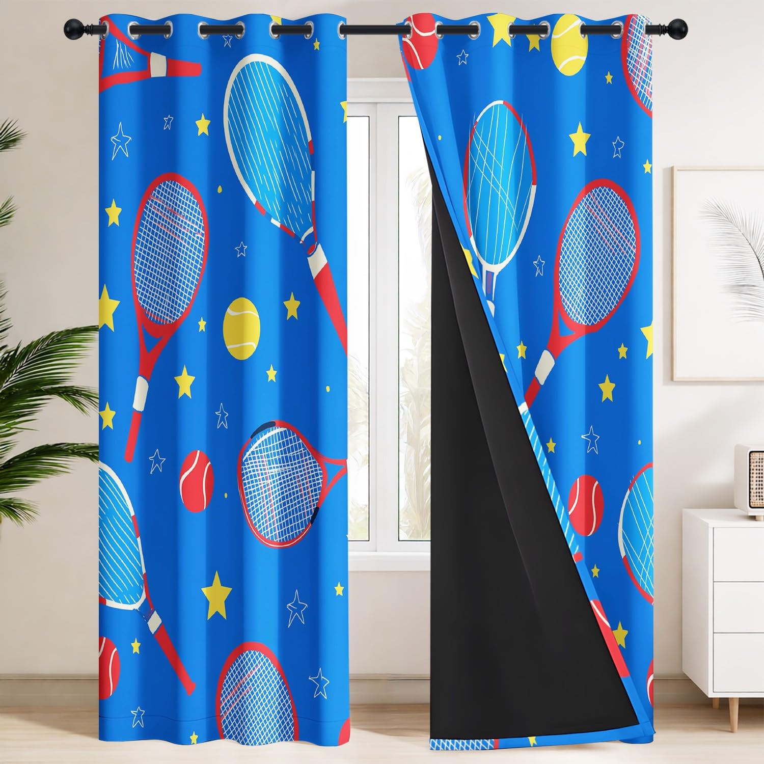 Générique Zasłony zaciemniające rakieta, tenis i gwiazdki, 150 x 200 cm, ochrona przed zimnem i ciepłem, zestaw 2 zasłon w dynamicznym stylu, sportowy, do pokoju młodzieżowego