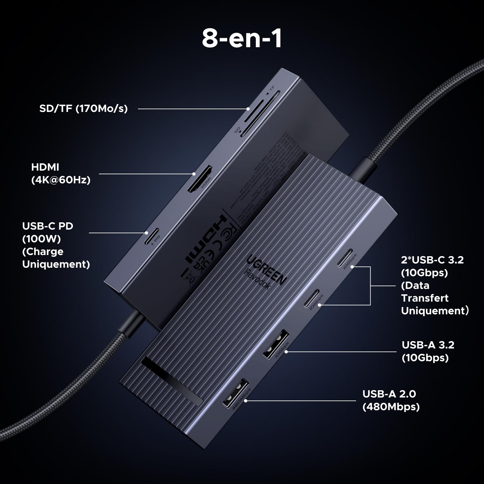 UGREEN Revodok Pro 108 10Gbps Hub USB C HDMI 4K 60Hz Lecteur de Carte SD TF PD 100W Adaptateur Multiport USB3.2 8 en 1 Dock USB C