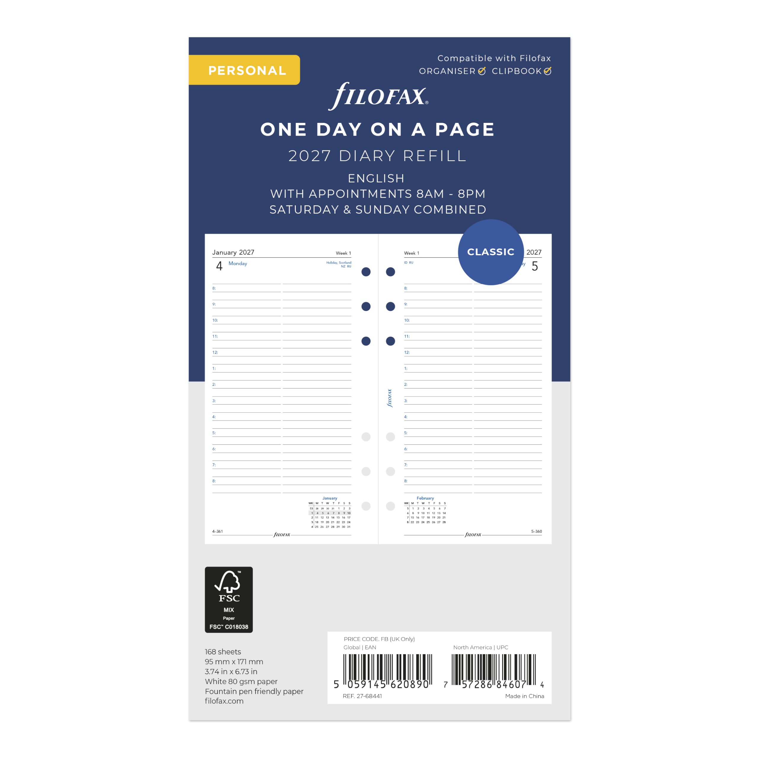 Filofax Recharge d'agenda pour calendrier, format personnel/compact, un jour sur une page avec rendez-vous, ligné, papier blanc, anglais, 2027 (C68441-27)